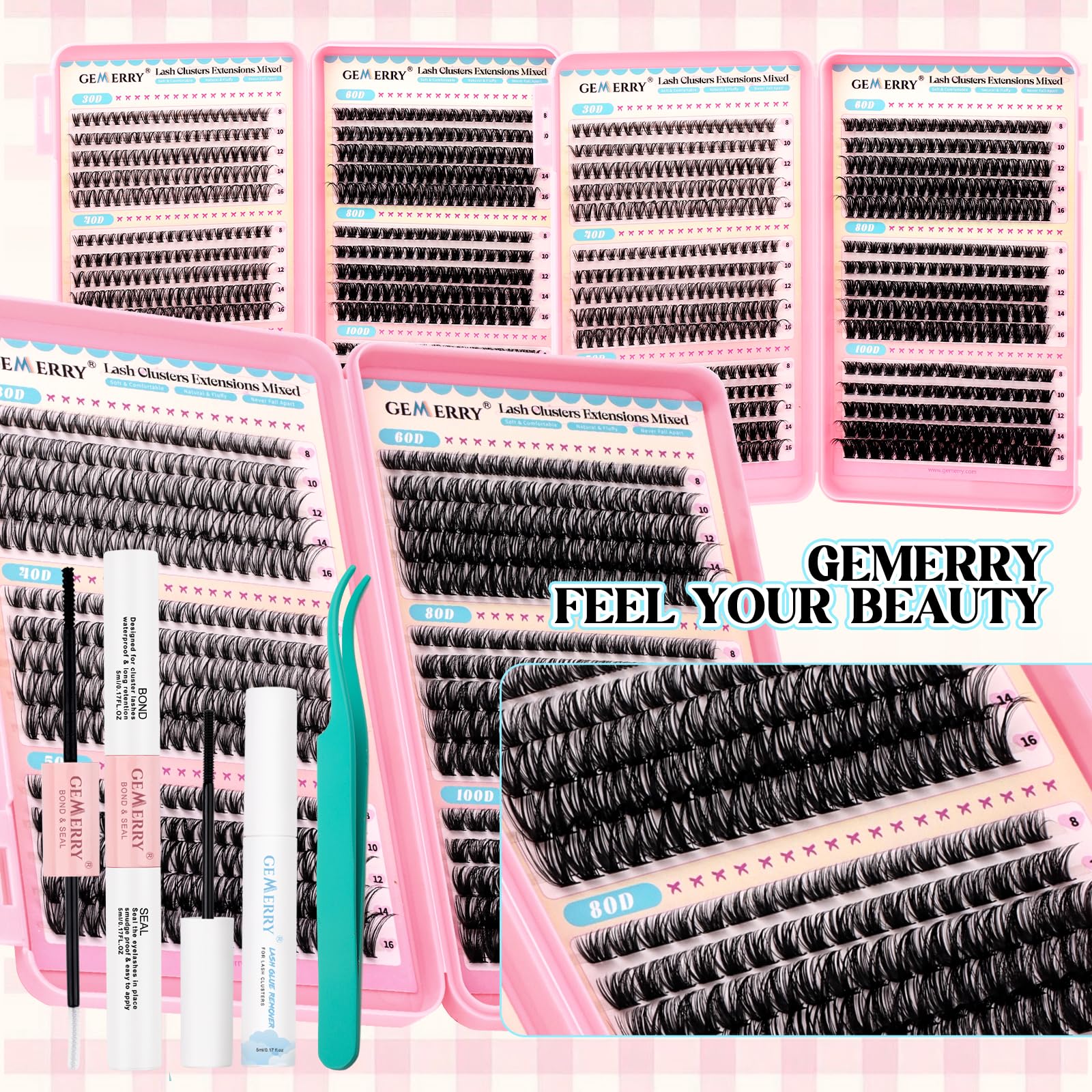 GEMERRY 3x 600PCS Ciglia Finte Ciuffetti Kit 30D-100D Extension Ciglia | 3x Cluster Lashes Kit con Bond and Seal Pinzette DIY Lash Extension a Casa per i Principianti Adatto a Una Varietà di Stili