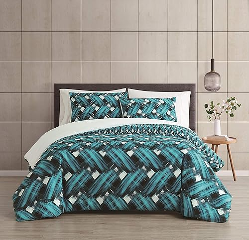 Vince Camuto - Juego de funda nórdica y funda de almohada de 3 piezas - Estampado dinámico de tejido de canasta - Colección Ada - Azul Multi