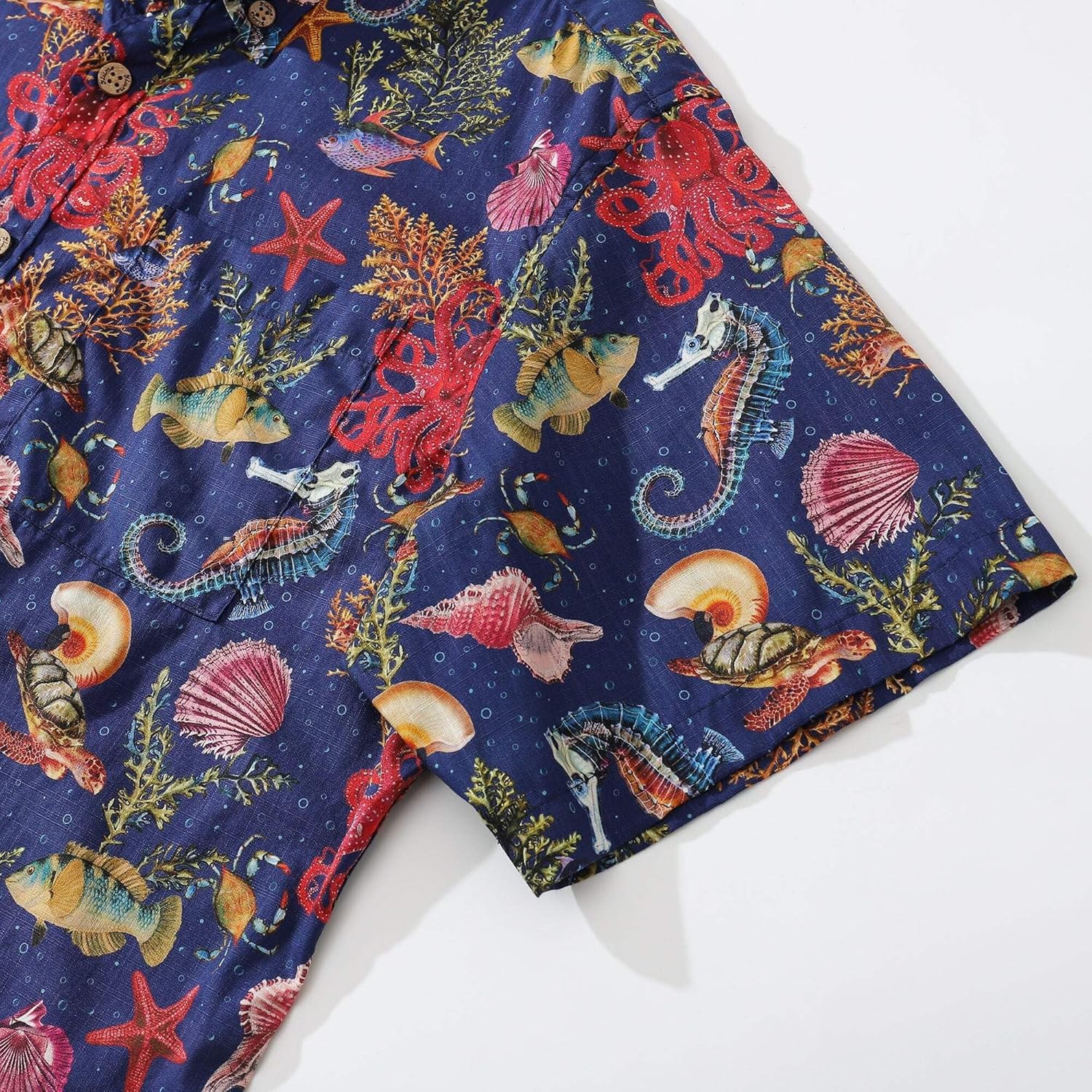 YIUME Dark Blue Fish Shirt Men's Marine Life Hawaiian Shirt Button-Down Cotton Shirt Marine Life (Dark Blue)