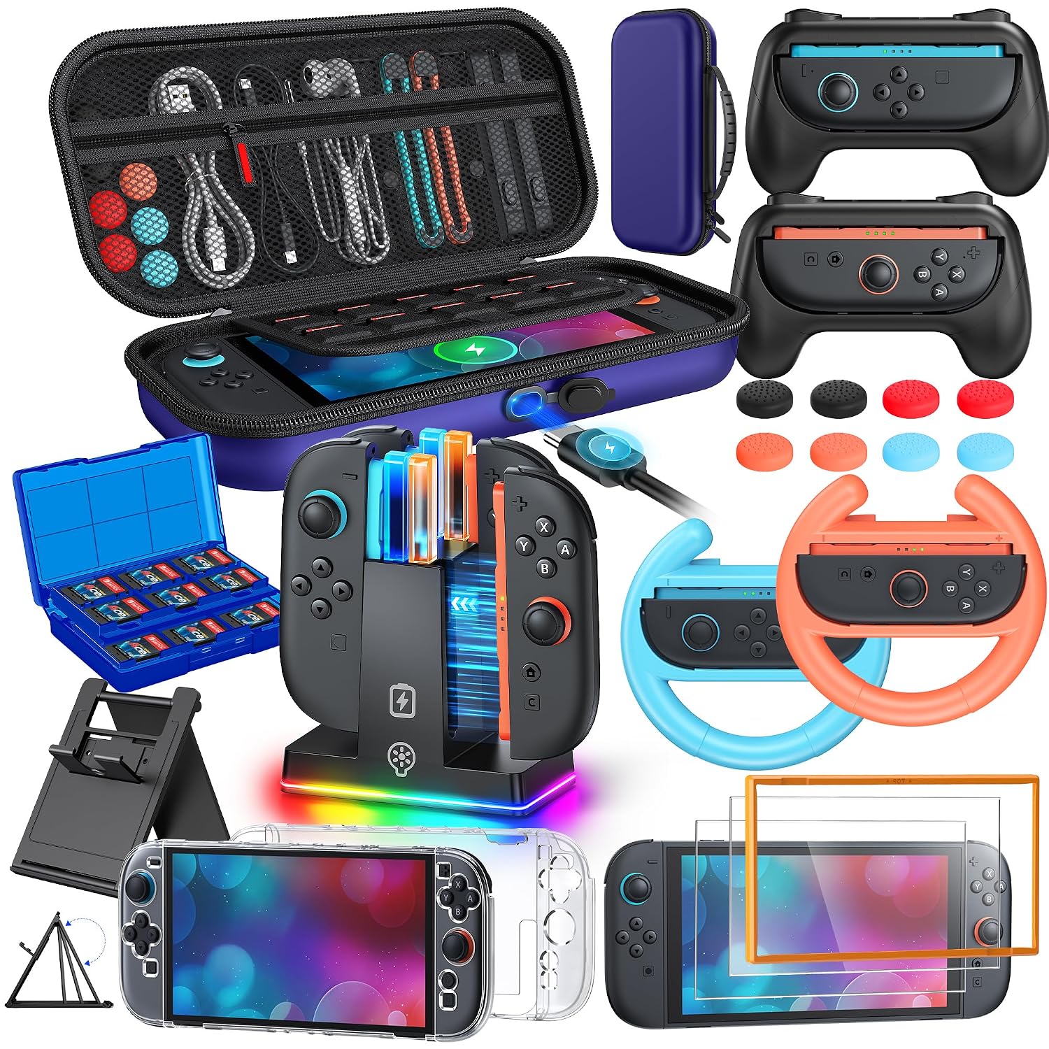 WAXITY Tasche Zubeh r Bundle f r Switch 2 23-in-1 [Aufladen im Inneren] Reisetasche Tragetasche Set f r Switch 2 mit Case Ladestation Schutzh lle Griffe f r Joycon und Lenkrad Blau
