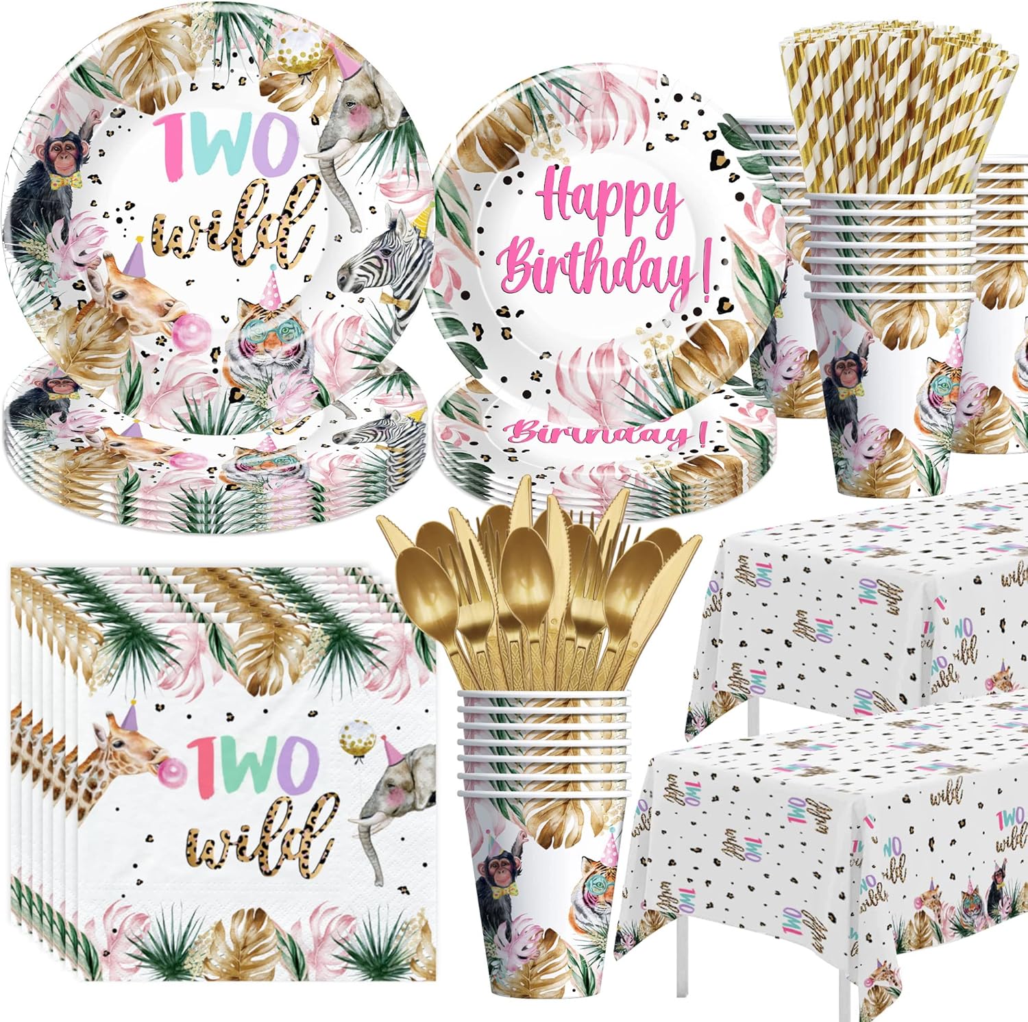 APOWBLS Two Wild Birthday Decorations Party Supplies Girl Tableware - Safari Animal Jungle 2nd Birthday Party Supplies, Paper Plates, Cups, Napkins, Tablecloth, Cutlery, Straw, Serves 24