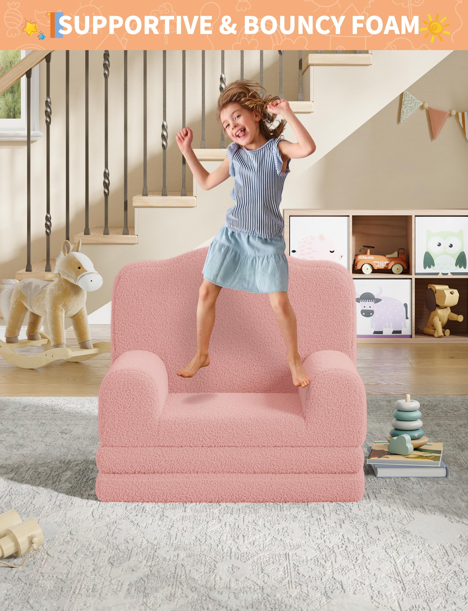 GarveeHome Rosa Kinder-Sessel, Weiches & bequemes Kindersofa für Kinderzimmer, Wohnzimmer, Schlafzimmer & Innenraum, Größe 58 x 45 x 50 cm