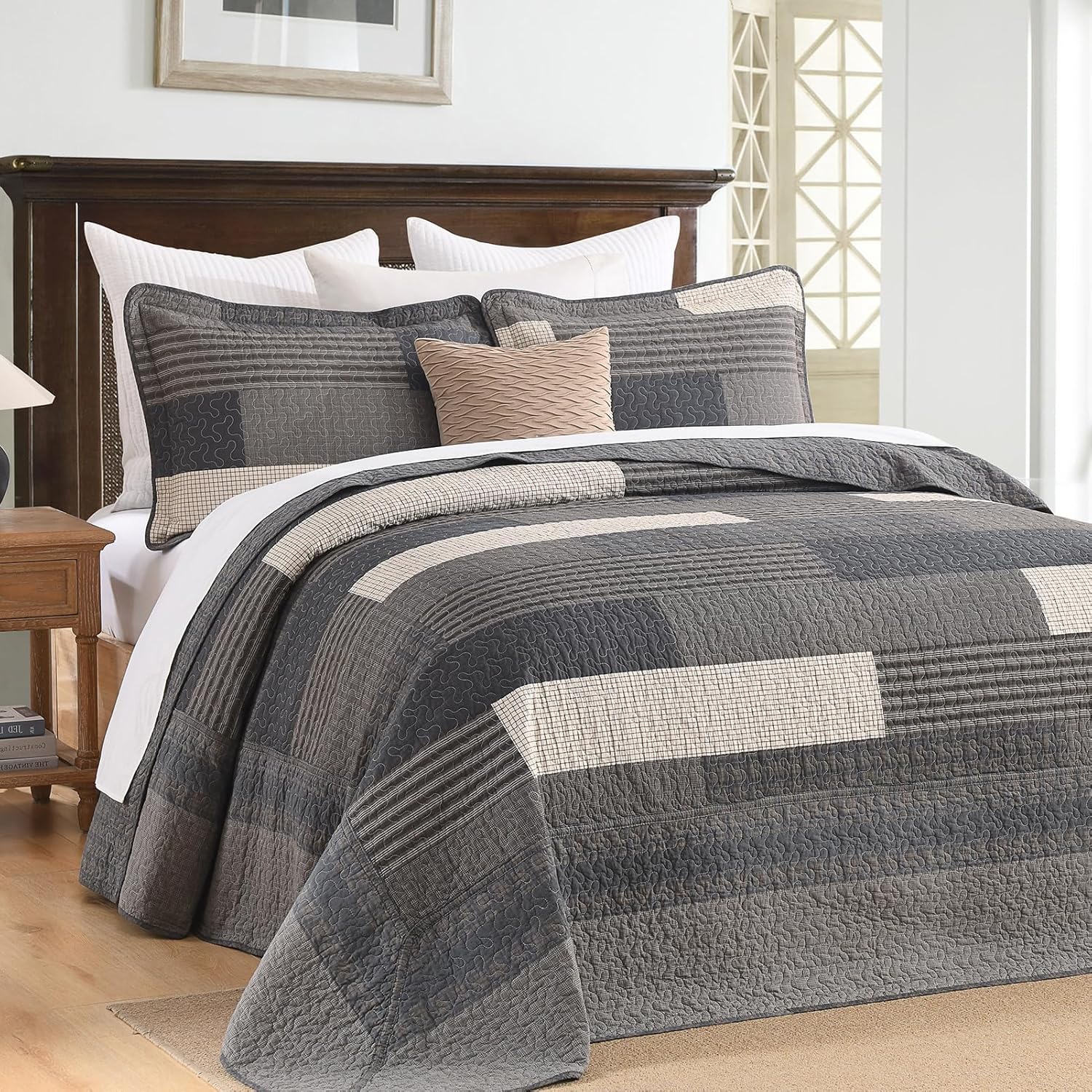 100% Cotton 128"x120" Oversized Quilt Bedspread, Plaid Pattern California King Extra Large Quilt Bedding Set, Cal King XL Bed Spread Lightweight Comforter, Gray, 3Pcs