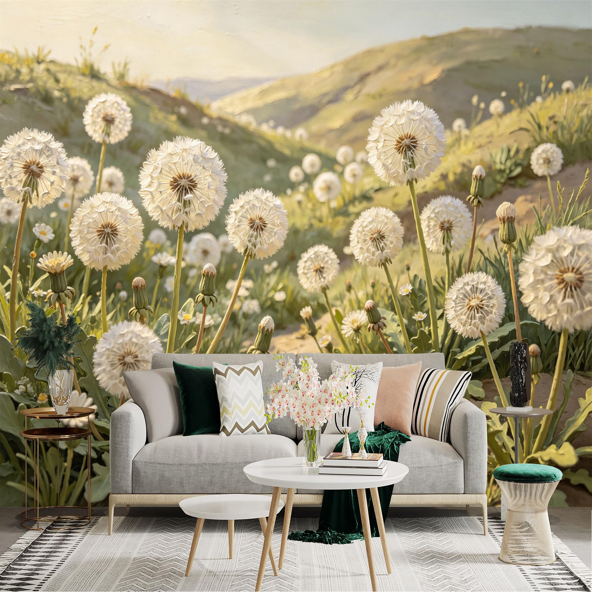 Lnzczhyre Dbh260521664 Custom Size Wall Sticker Mural， Fluffy White Dandelion Field， Soft Morning Sunlight， Wild Meadow Landscape， Serene Floral Scenery， For Wall Decoration， Peelandstick Wall Decals.