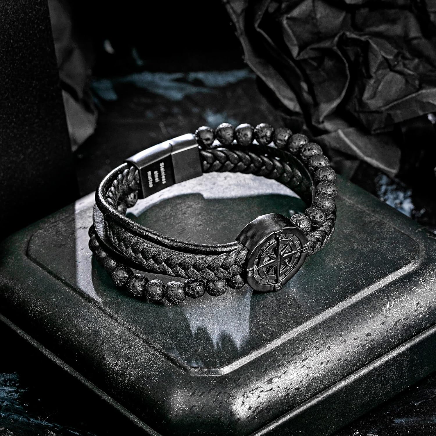 murtoo Mens Bracelet, Leather and Steel, Multi-layer Leather Bracelet for Men with Compass, Gift Idea for Boyfriend Husband Father - Image 4