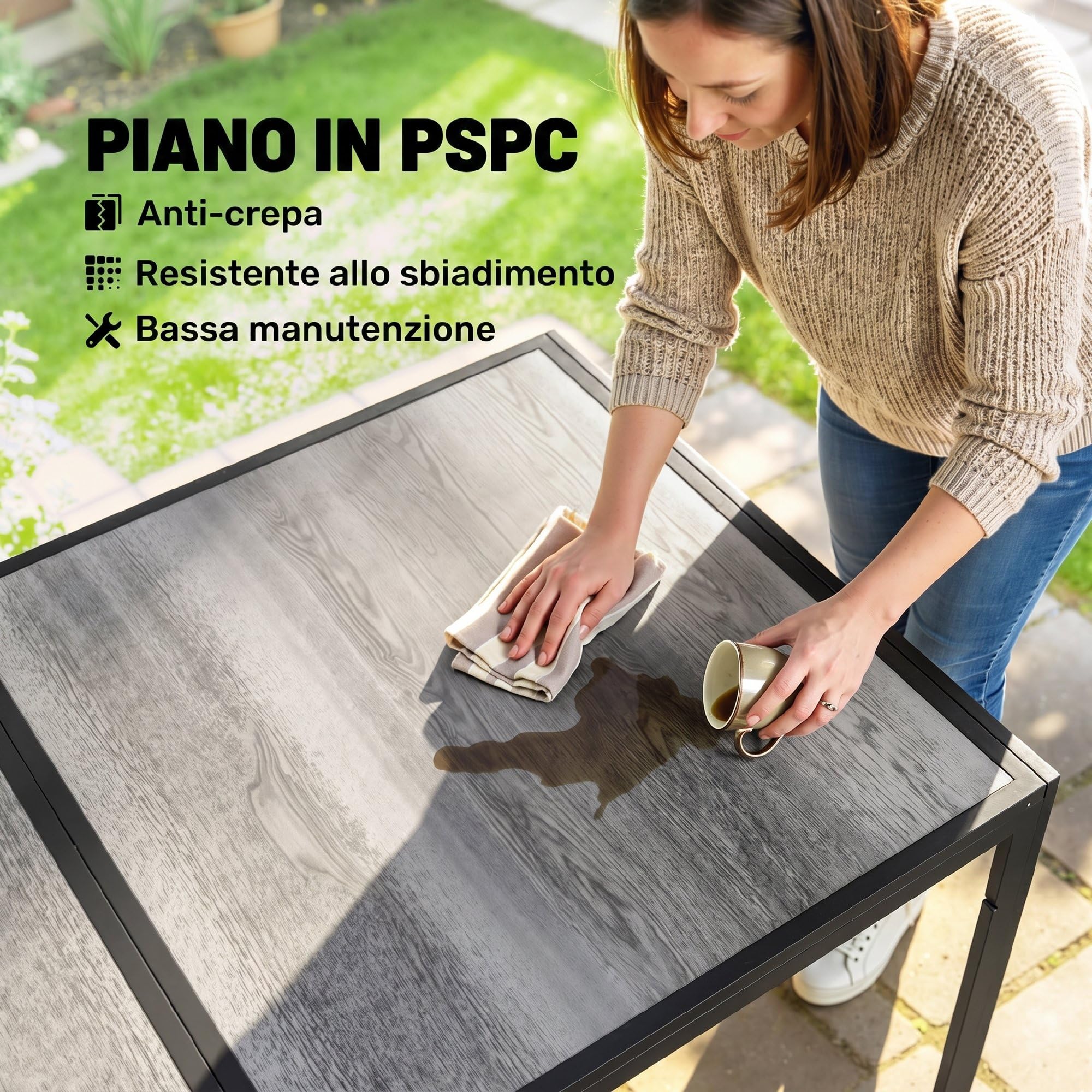 Outsunny Tavolo da Giardino con Piano Effetto Legno in Plastica 150x80 cm per 6 Persone, Tavola da Pranzo da Esterno Rettangolare, Gambe in Acciaio, per Patio, Terrazzo, Balcone, Grigio