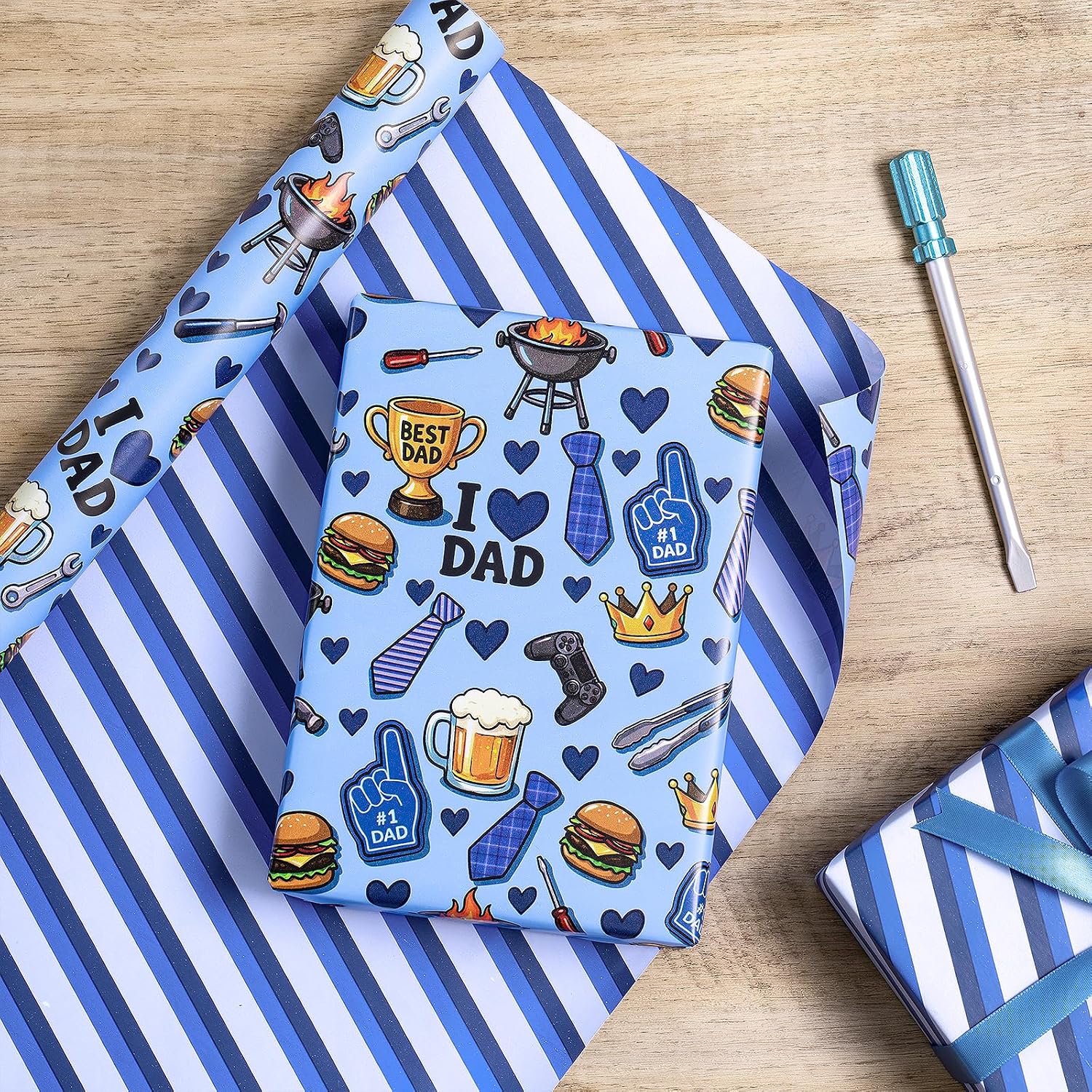 RUSPEPA Father's Day Reversible Wrapping Paper Roll, Mini Roll, Fun Dad Icons & Blue Stripe Double-Sided Gift Wrap for Men, Dad, Husband, Grandpa, Birthday, Father's Day Party, 17 Inches x 16.4 Feet image 5