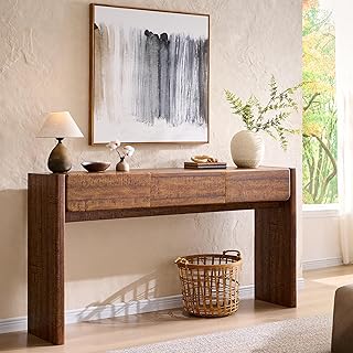 OKD 63'' Console Table with 3 Drawers, Farmhouse Entryway Table with Rounded Corners, Console Table Behind Couch for Living Room/Hallway-Reclaimed Barnwood