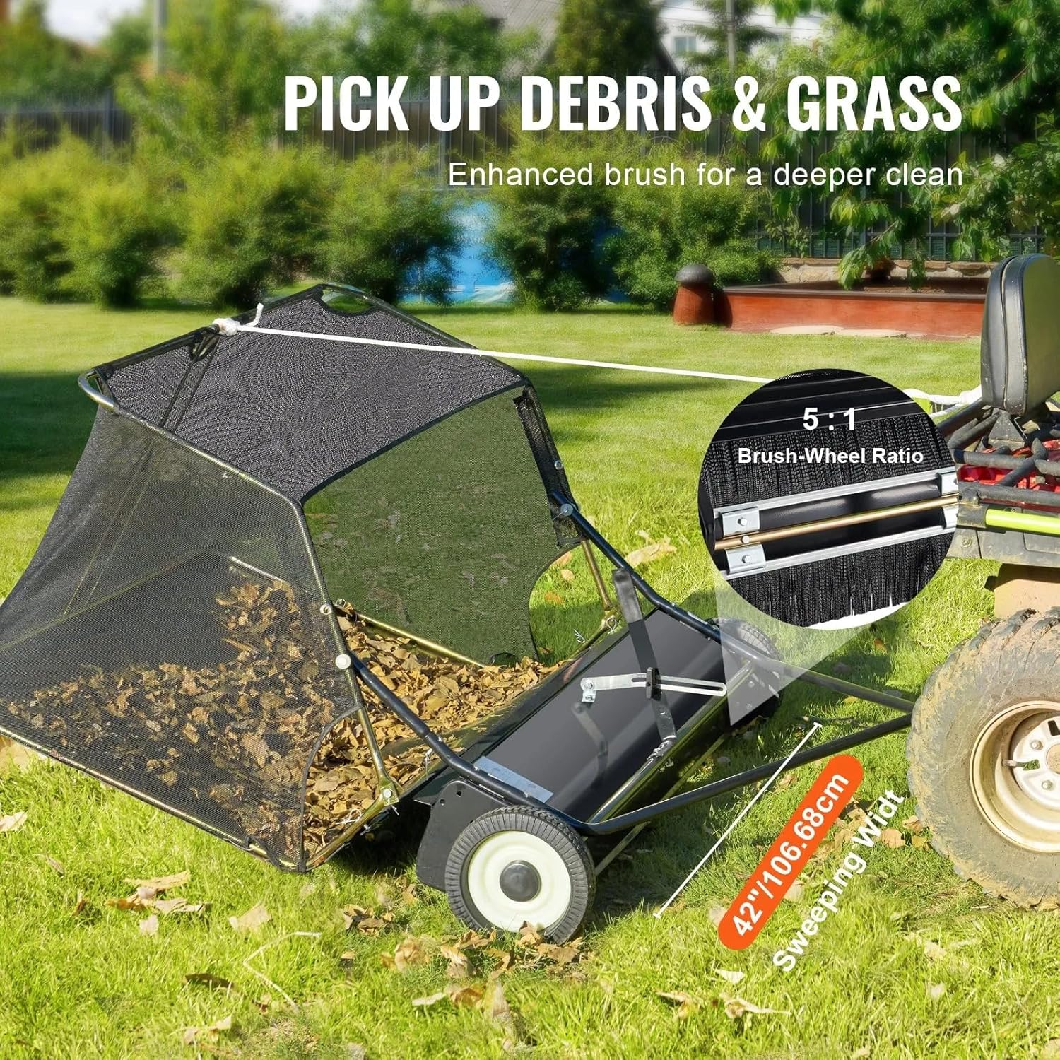 42 Inch Lawn Sweeper Tow Behind,12 cu.ft. Large Pull Behind Grass Sweeper, Heavy Duty Leaf & Grass Collector with Dumping Rope Design,Adjustable Sweeping Height for Picking Up Debris & Grass