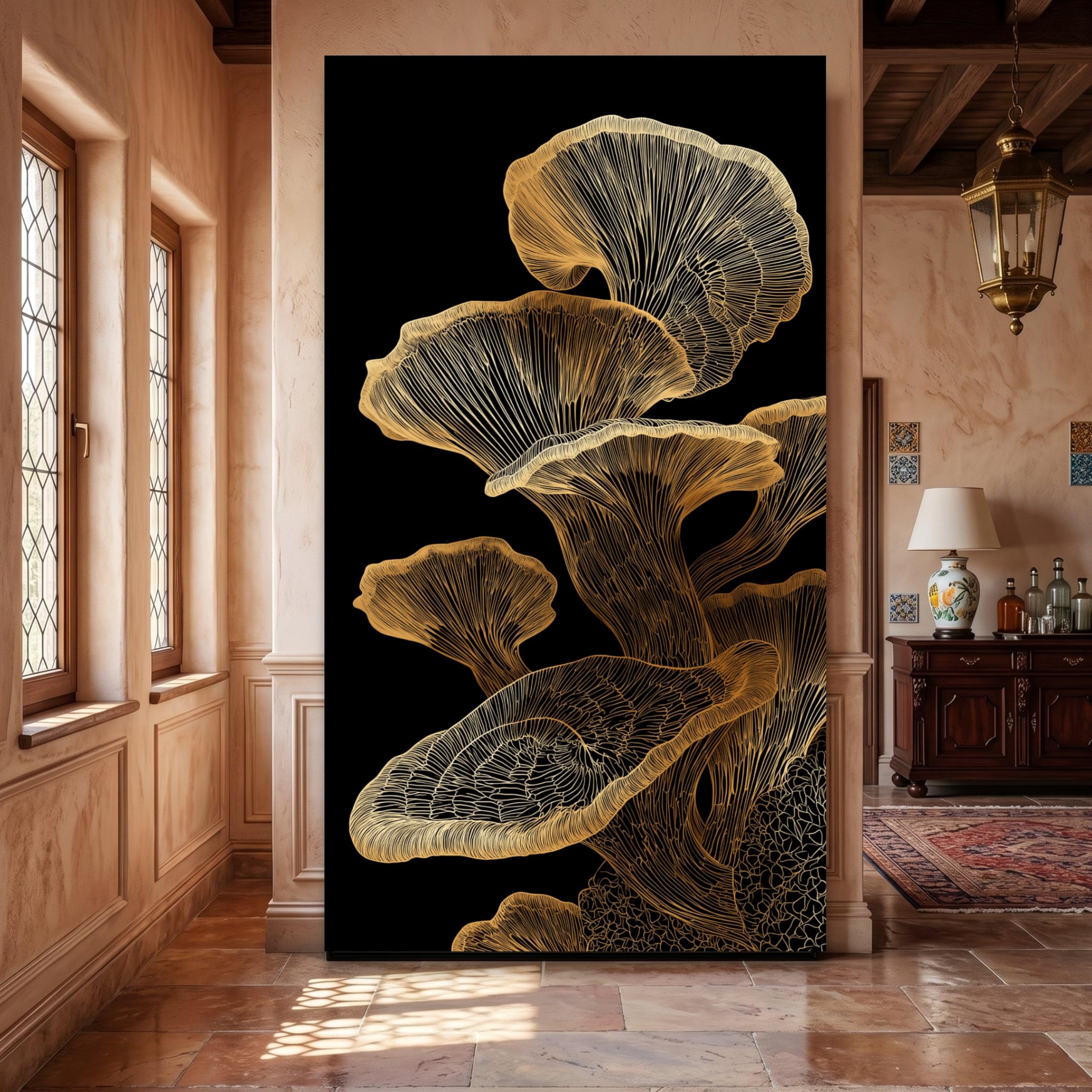 Lmycheng Frameless Golden Mushroom Canvas Wall Art, Botanical Silhouette Print, Nature Canvas Painting, Modern Home Decor Mural(45X80cm/Frameless)