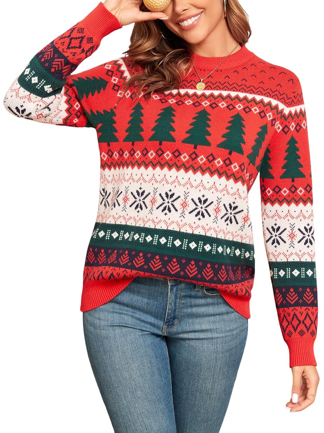 ZAFUL Womens Ugly Christmas Sweater Cedar Snowflake Pattern Knitted Sweaters Long Sleeve Winter Pullover Tops