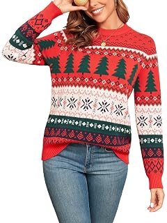 ZAFUL Womens Ugly Christmas Sweater Cedar Snowflake Pattern Knitted Sweaters Long Sleeve Winter Pullover Tops