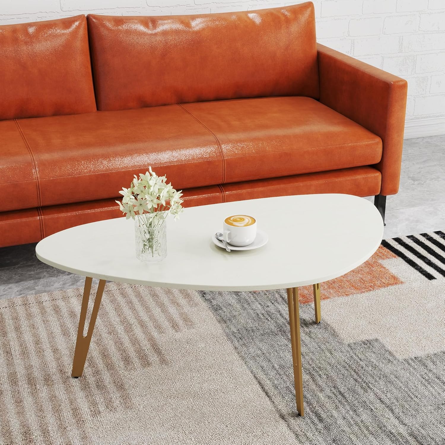 Manora Modern Simple White Wood Oval Coffee Table with Gold Legs, Minimalist Tea Table for Living Room, Office, Apartment or Small Space (White & Gold)