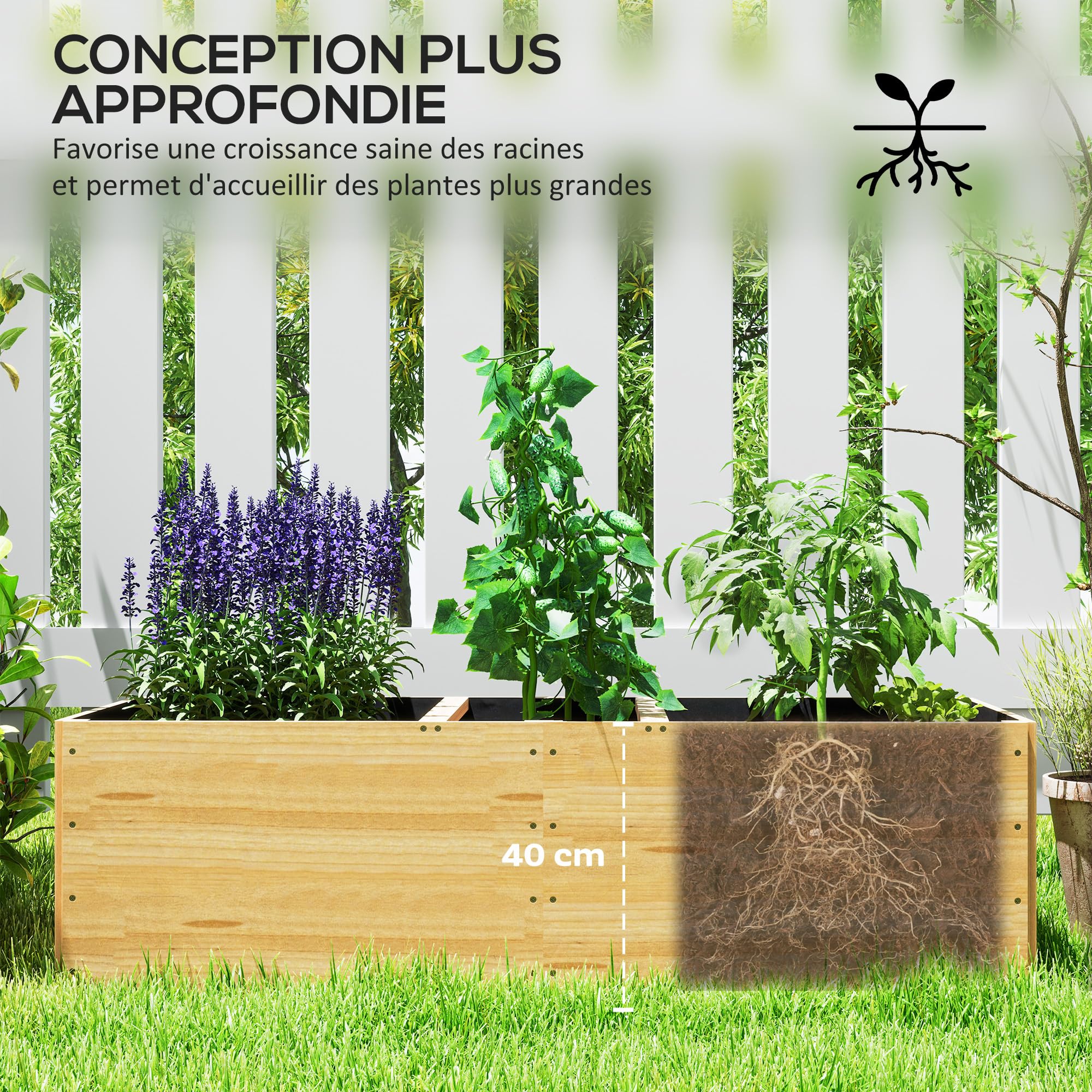 Outsunny Jardinière en Bois, carré Potager Exterieur Bois, 3 Compartiments de Plantation et Doublure Inclus, bac à Fleurs pour légumes Herbes Fleurs dans Jardin terrasse Patio, 140x60x40cm, Naturel