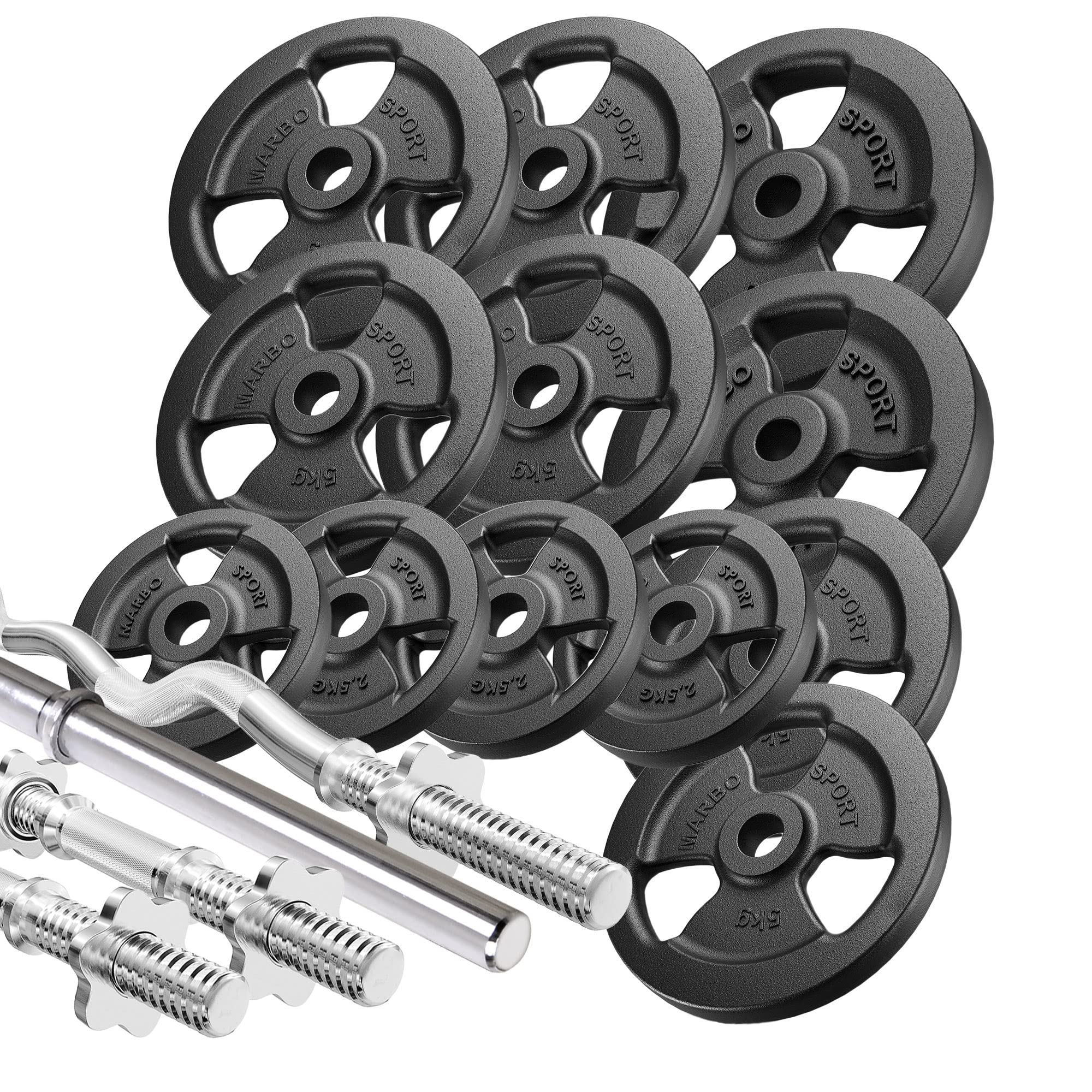 Marbo Sport Pesi Tribo in ghisa con bilanciere rinforzato 198 cm ø30mm, barra per curl 120cm ø30mm, manubri 40cm ø30mm e pesi, 1x bilanciere, 1x bar curl, 2x manubri | Impostare le opzioni 83kg / 113kg / 172kg | Made in EU