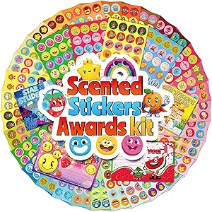 HORIECHALY Scented Stickers with Award Certificates for Kids, 32 Sheets Scratch and Sniff Stickers & 16 Reward Cards for School, 8 Scents Smelly Motivational Awards Kit for Teachers, Parents, Students