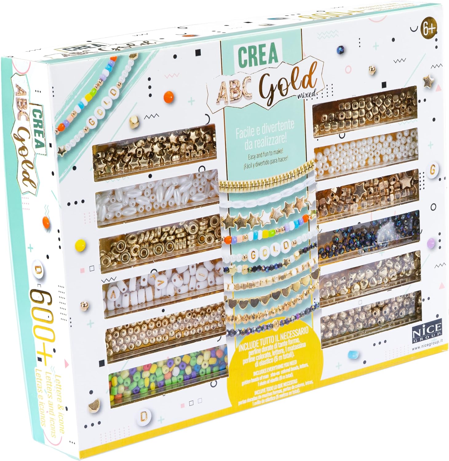 Nice Group - ABC Gold Mixed Beads Kit for Bracelets, over 600 Coloured and Multiform Beads