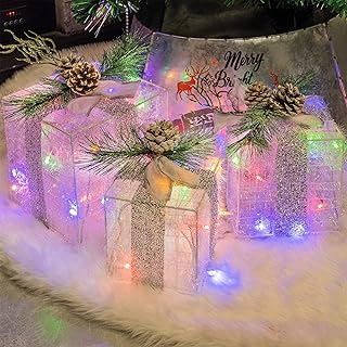 Hourleey Set of 3 Christmas Lighted Gift Boxes, Pre-lit 60 LED Light Up Present Boxes Ornament Outdoor Multi Color Tinsel Boxes Decoration for Indoor Christmas Home Yard Lawn Decor