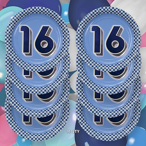 Miniatura 9 de Havercamp Platos de 16 cumpleaños para niños de 7 pulgadas (24 piezas) 24 platos de postre con estampado metálico #16 y bordes de neón.