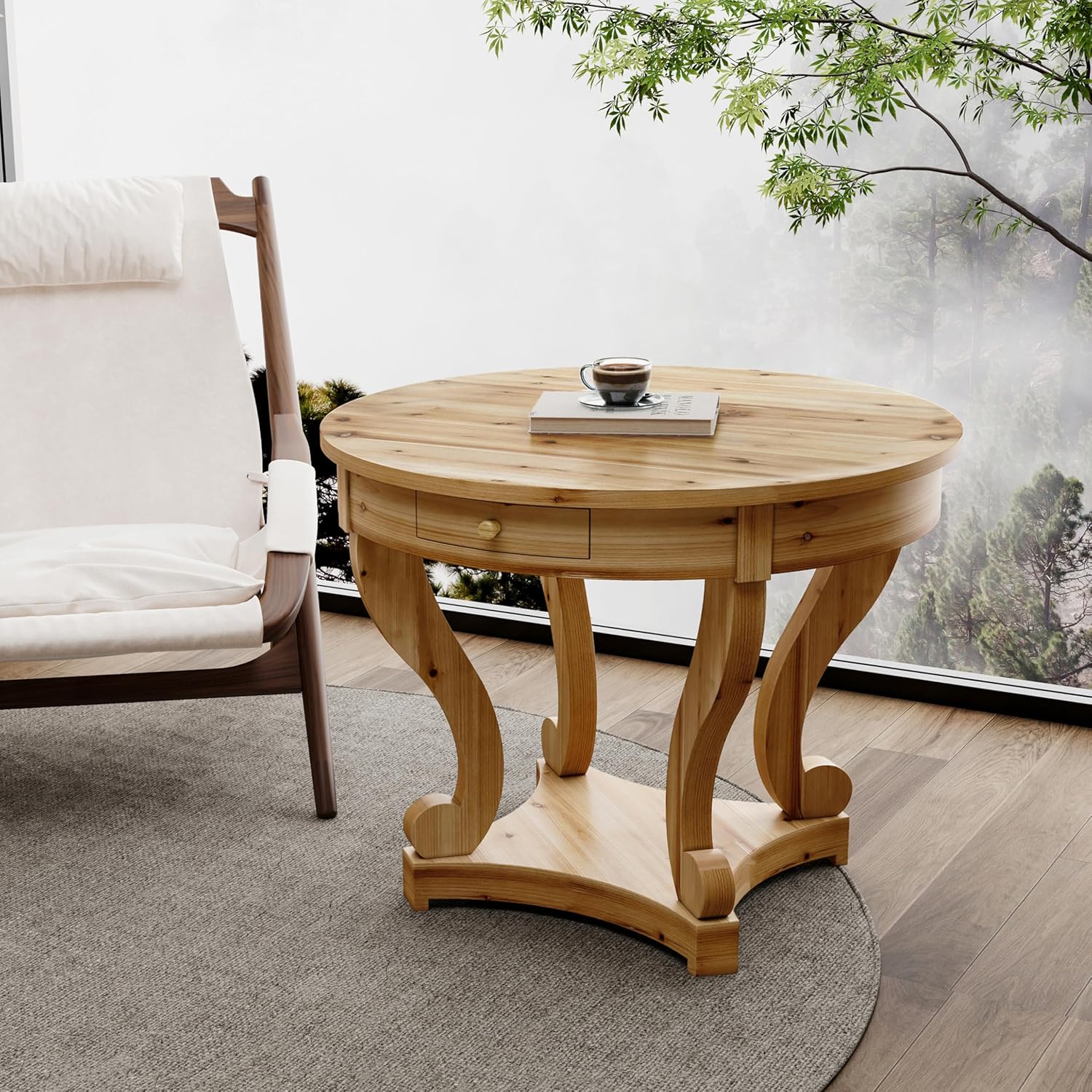 LUMISOL Farmhouse Round End Table Side Table with Curved Legs, Solid Wood Coffee Table with Drawer for Kitchen, Dining Room, Living Room, Natural