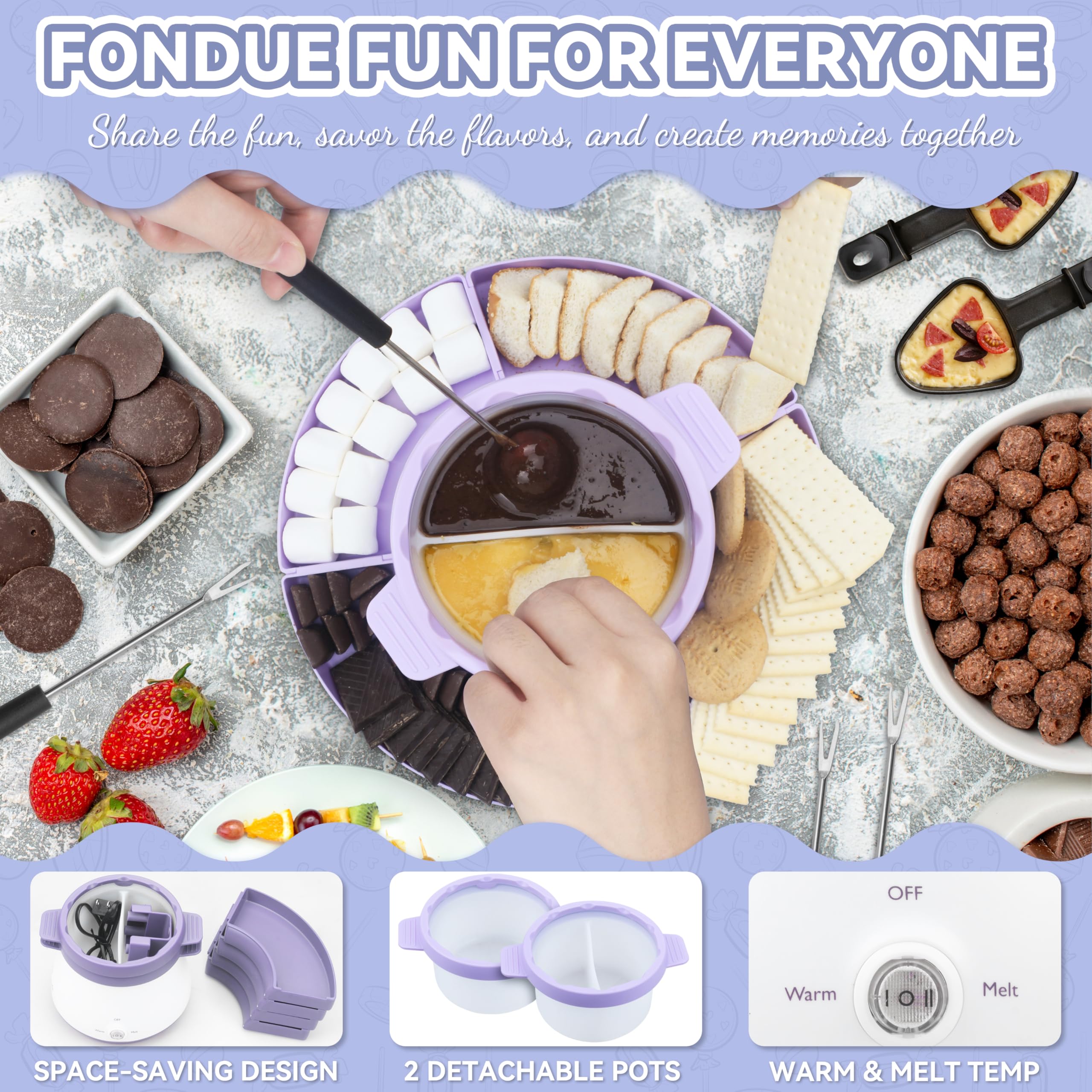 Party Desserts Electric Fondue Pot Set with 2 Pots, Melting Chocolate Warmer for Dipping, Candy & Chocolate Melting Pot, Fondue Pot Electric Set, Fondue Forks Included, 2.5 Cups, Lavender - 4