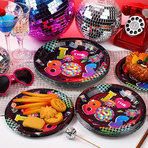 Miniatura 3 de Yungyan 50 platos de papel retro de los años 80 desechables I Love the 1980s de 9 y 7 pulgadas, platos de postre de cena de regreso a los 80 para