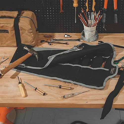 Miniatura 5 de Bolsa de herramientas, juego de llaves de lona encerada duradera, bolsas enrollables multiusos con correa (26.5 x 12.5 pulgadas, negro)