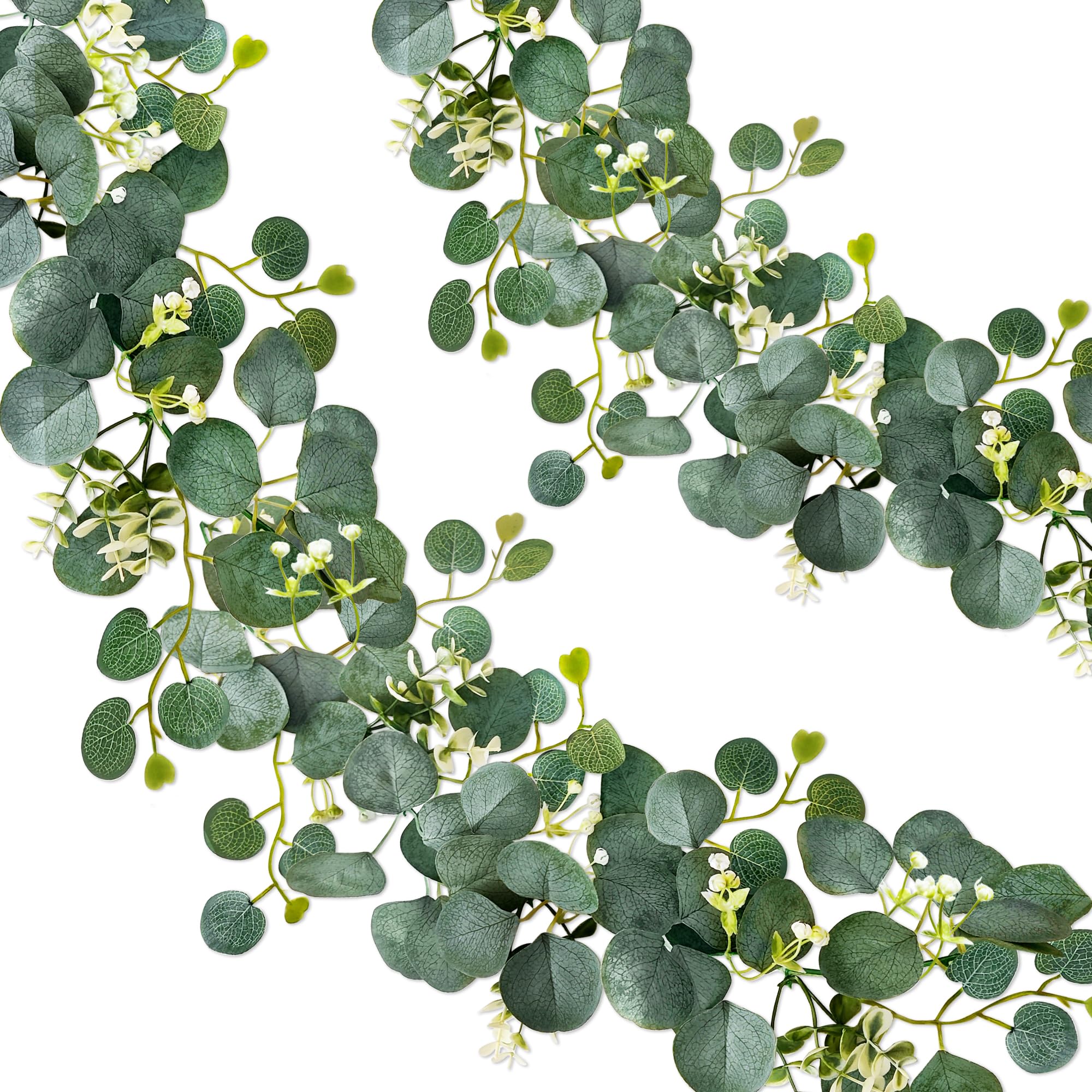 ROLLWAY 2 Stück Eukalyptus Girlande, Künstliche Girlande Pflanze 1,8m Hängend Grüne Blätter Deko mit Weiße Blumen Silberdollar Eukalyptusranke für Hintergrund Hochzeit Bogen Grau Grün