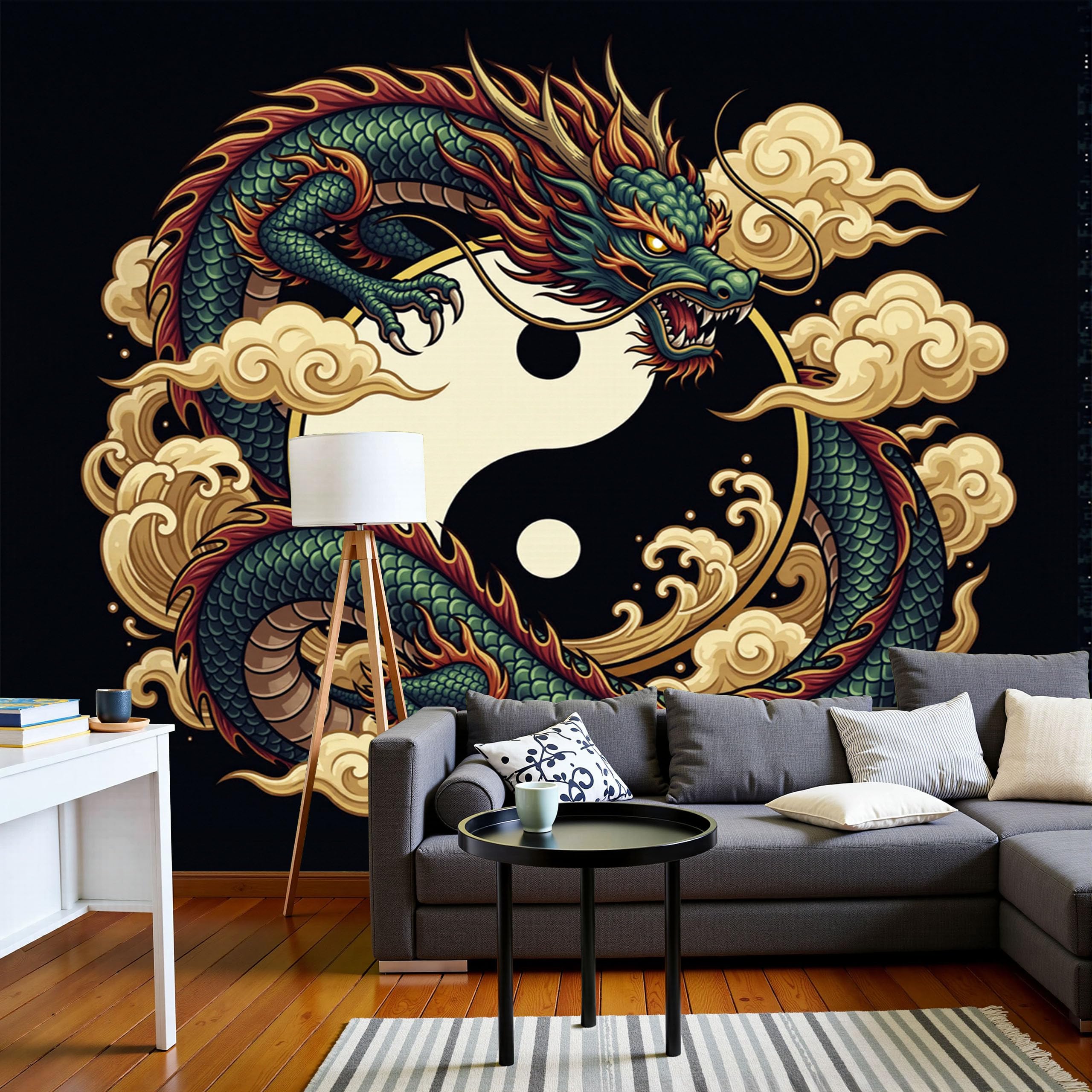 Photo muraux Yin-Yang et dragon noir effet panoramique 3D
