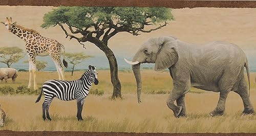 Jungle Savannah - Papel tapiz de león, leopardo, elefante, jirafa, cebra, hermoso animal realista, diseño moderno, rollo de 15 x 8 pulgadas