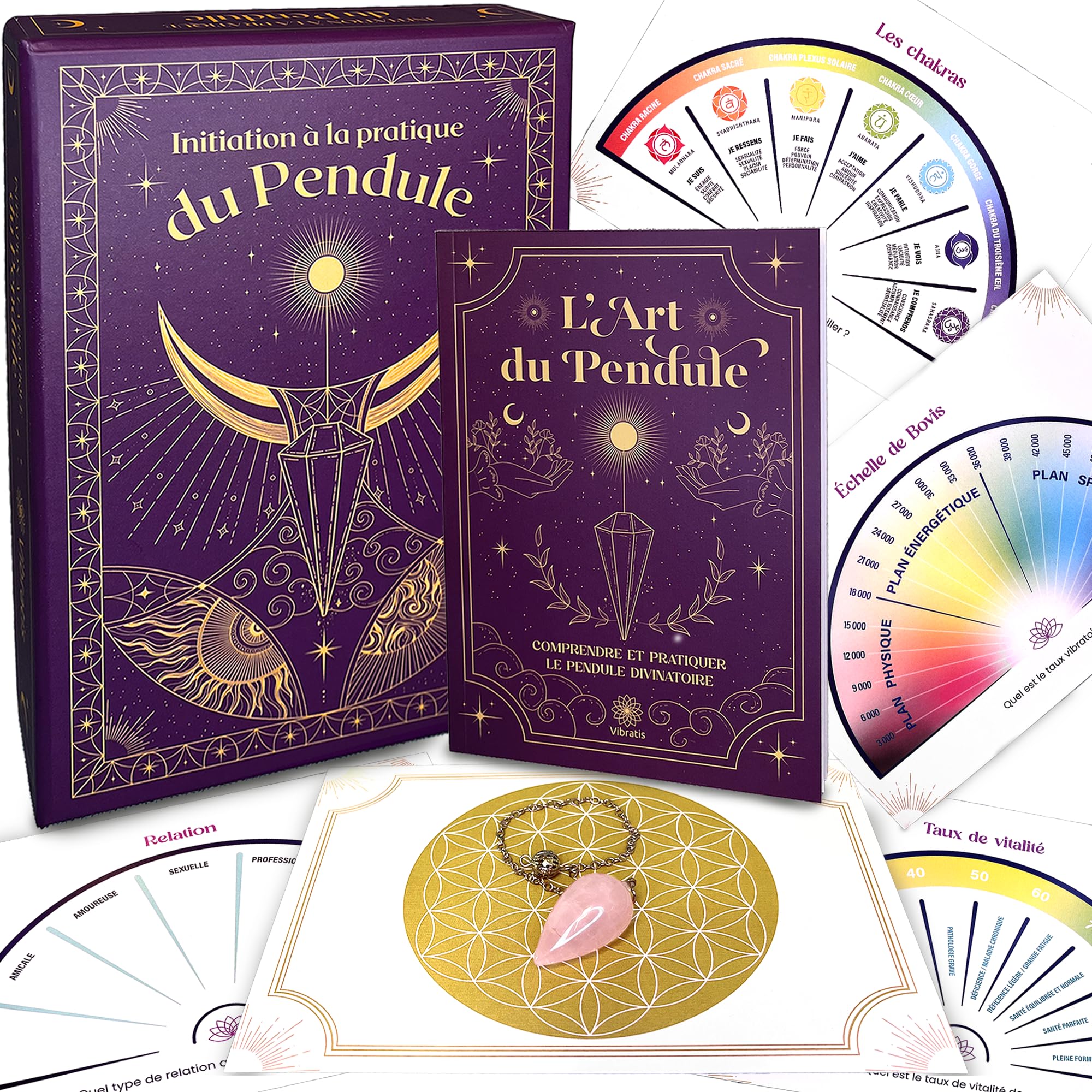 VIBRATIS Coffret d'Initiation au Pendule Divinatoire : 19 Planches de Radiesthésie, Livre Complet, Pendule Divinatoire Offert et Fleur de Vie pour Purifier le Pendule