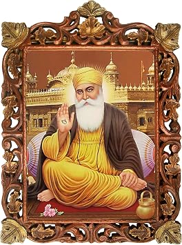 Sikh Religious Guru Guru Nanak Dev ji Giving Blessings and Sitting Outside The Golden Temple, A Poster Painting with Hand Carved Wood Craft Frame