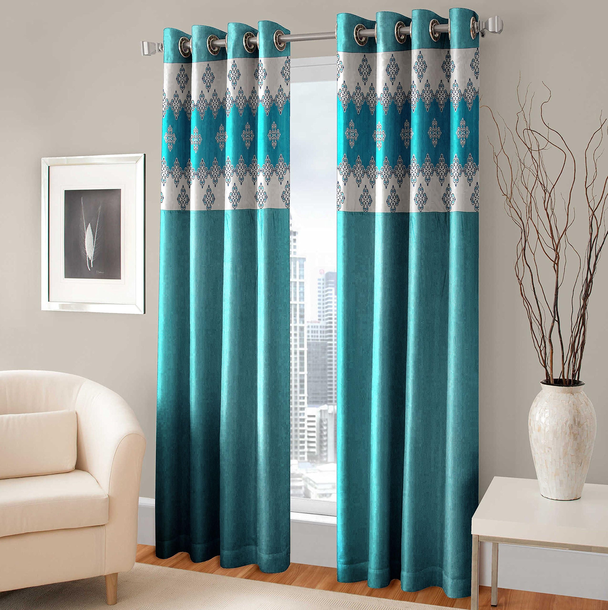 Homesazz Floral Print Velvet Window Curtains, Blue (Set of 2)