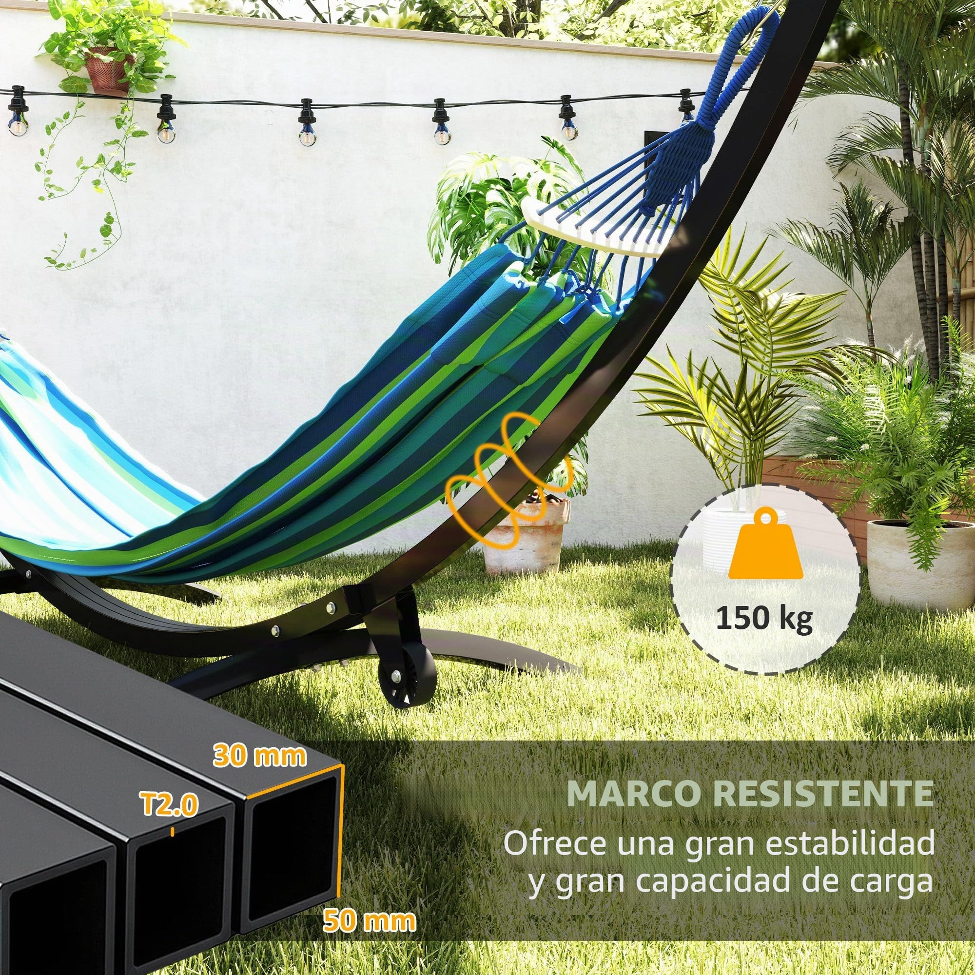 Outsunny Soporte de Hamaca de Metal con Ruedas, Soporte de Hamaca Carga máx. 150 kg con Cadenas, Ganchos, para Uso en Exteriores e Interiores, 337 x 118 x 118 cm Negro