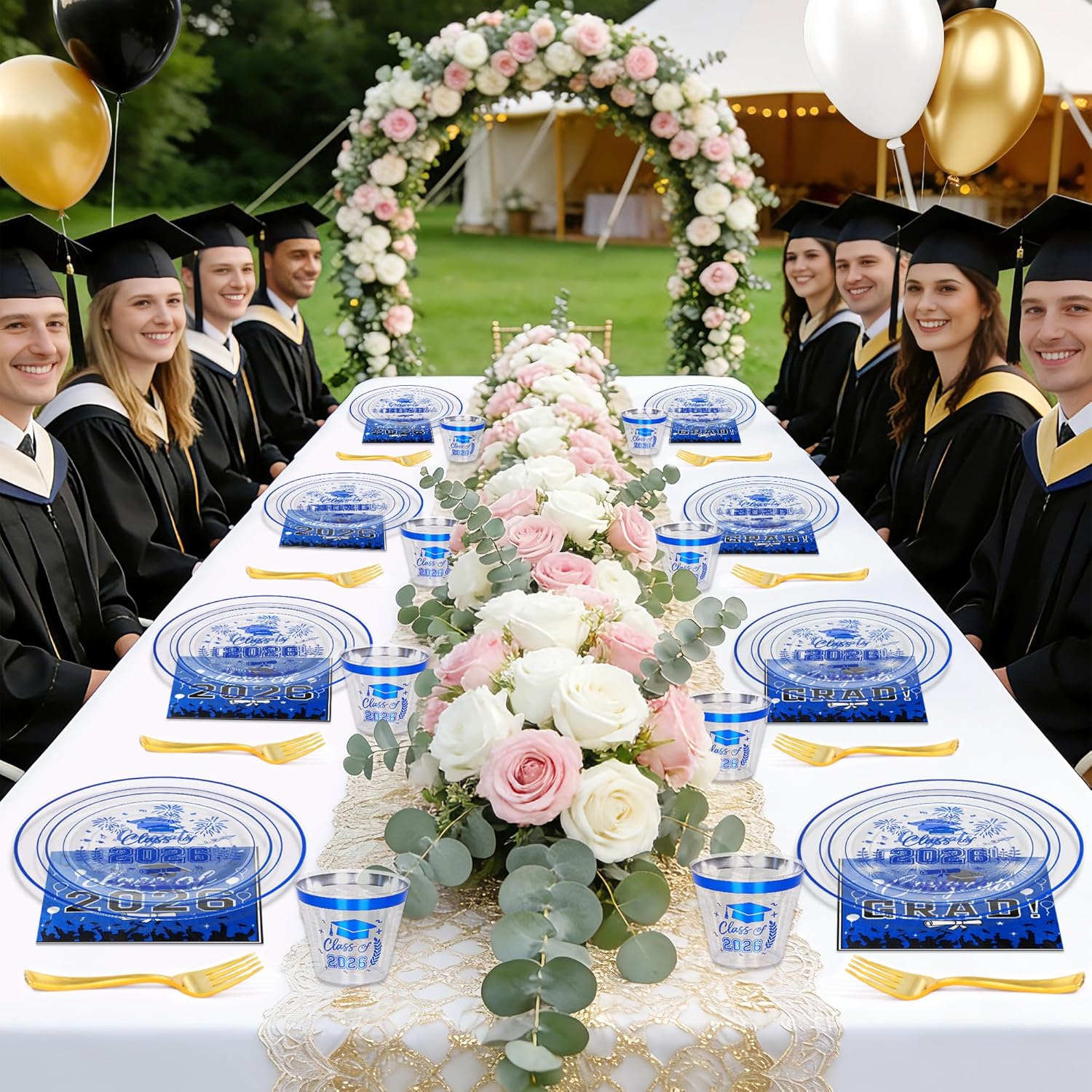 150 Pcs 2026 Graduation Plastic Plates with Disposable Silverware Serves 30 Guests, Blue Clear Graduation Disposable Plates Including 30 Dinner&Dessert Plates, Cups, Napkins, Gold Forks for Party