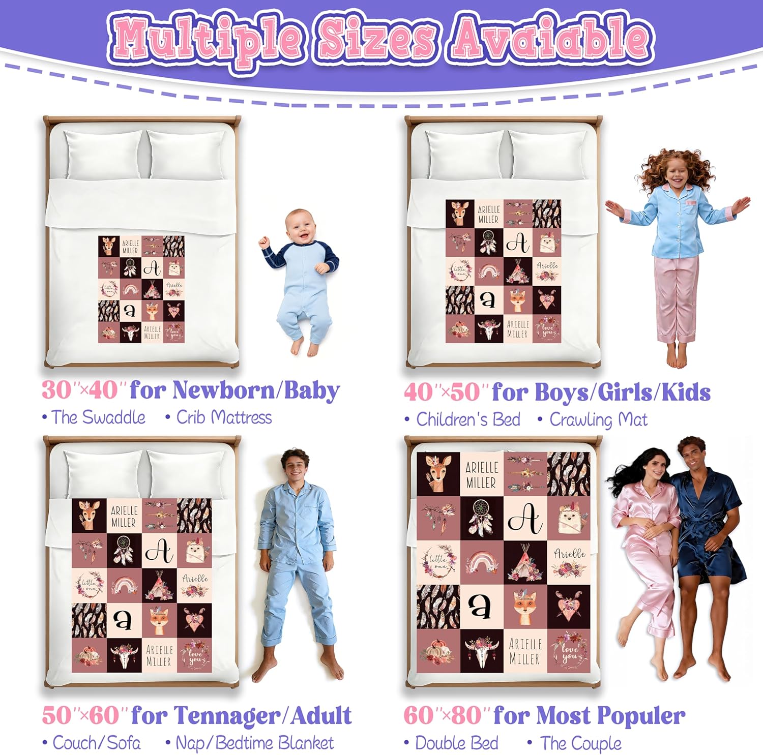 Personalized Boho Woodland Animals Baby Blanket for Boy Girl,Custom Name Plaid Blanket with Deer Fox Hedgehog Design,Soft Customized Swaddle Gifts Throw for Toddler Newborn Nursery Stroller Crib Decor