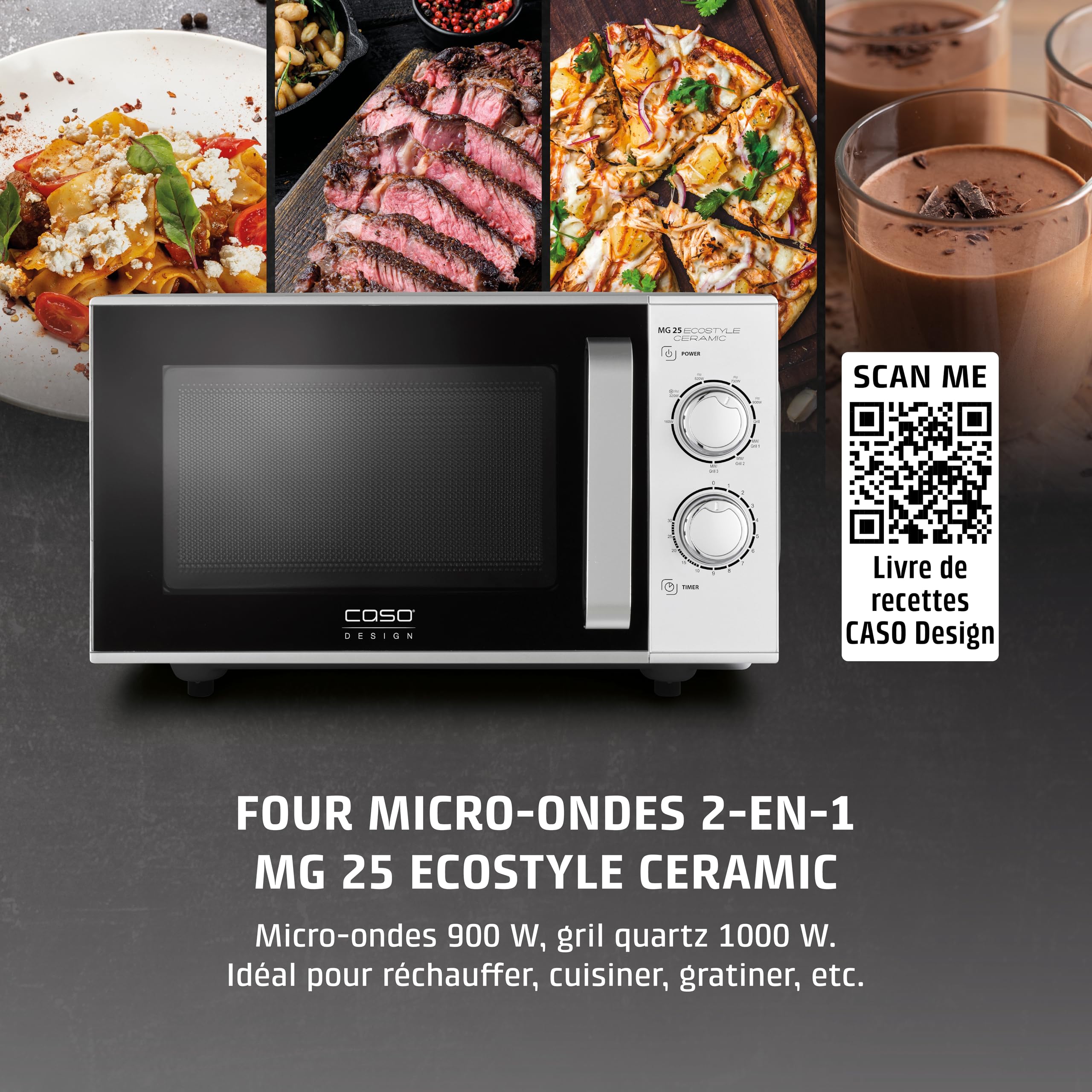 CASO MG 25 Ecostyle Ceramic - Micro-ondes 2-en-1 sans plateau tournant avec gril 1000 W, capacité 25 L, minuterie jusqu’à 30 min, grand format, coloris argent