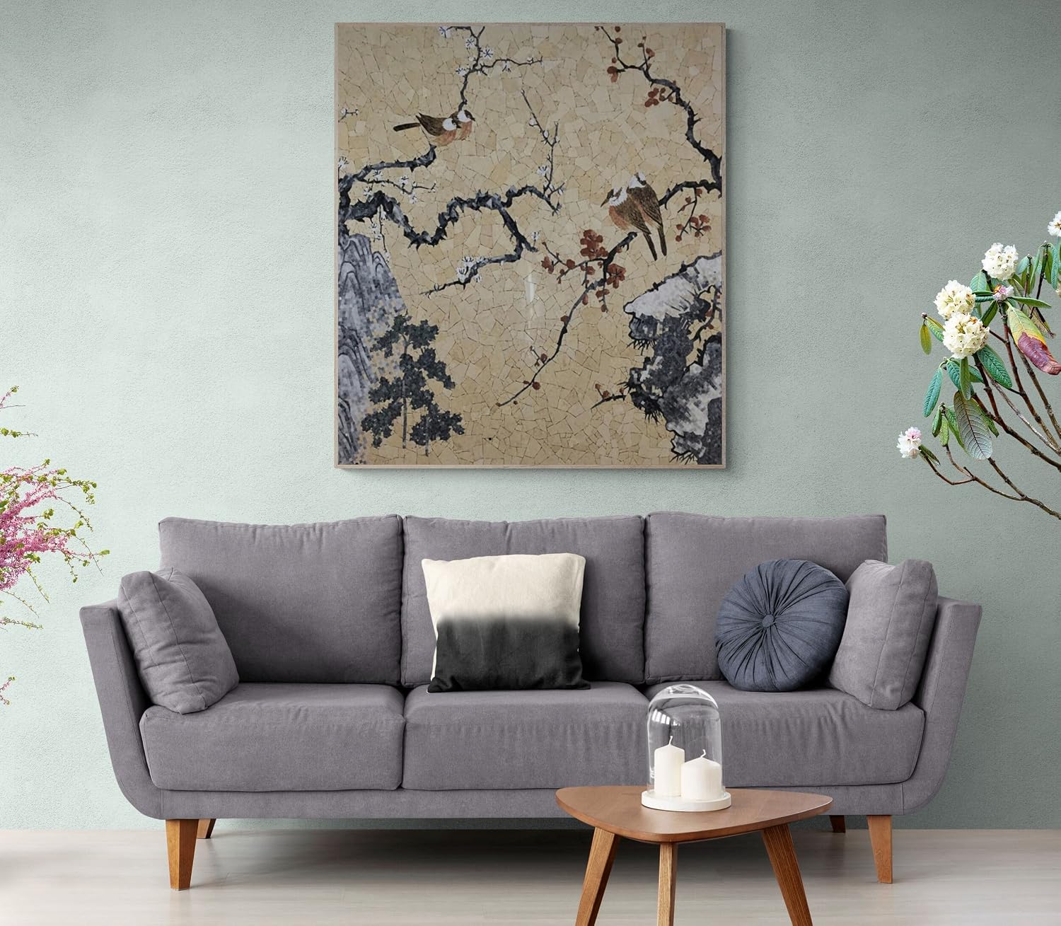 Handmade Oriental Bird Marble Mosaic Wall Art, Decorative Animal Stone Mosaic Tile Panel, Hand-Cut Nature-Inspired Wall Décor