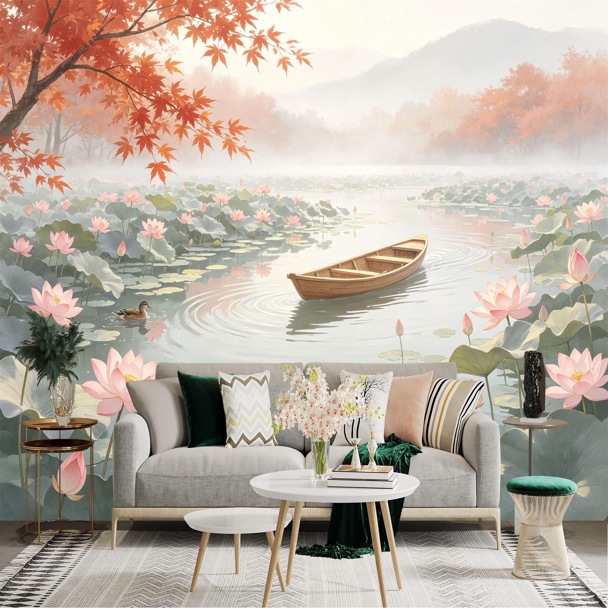 Custom Size Wall Sticker Mural， Serene Lotus Pond with Wooden Boat， Autumn Maple Leaves and Floating Ducks， for wall Decoration， peelandstick wall Decals.