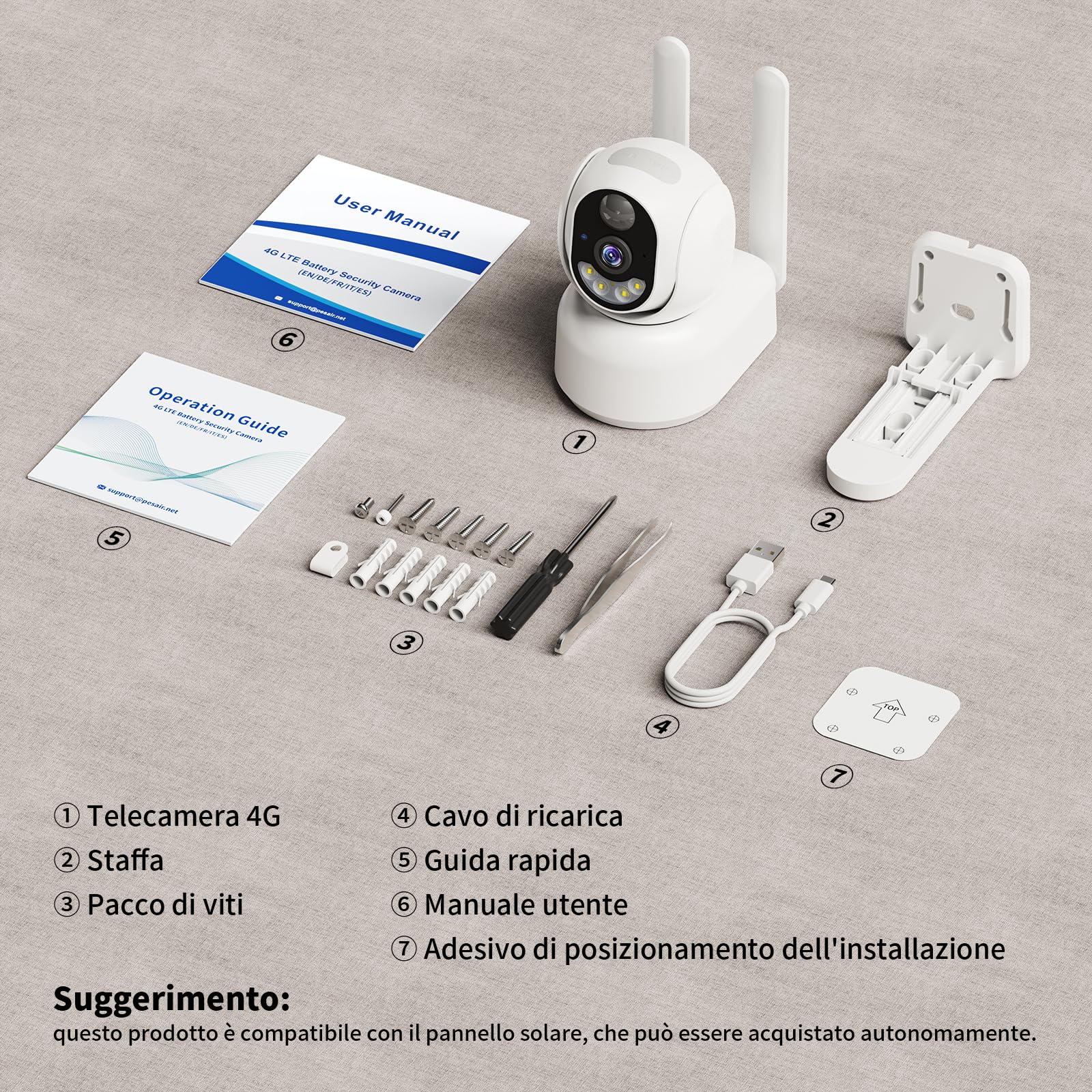 4G LTE Telecamera Interno con SIM, 2K Videocamera Sorveglianza Senza Fili Indoor, 360° PTZ Telecamera Senza WiFi con Visione Notturna a Colori, PIR Rilevamento, Audio 2 Vie, IP66