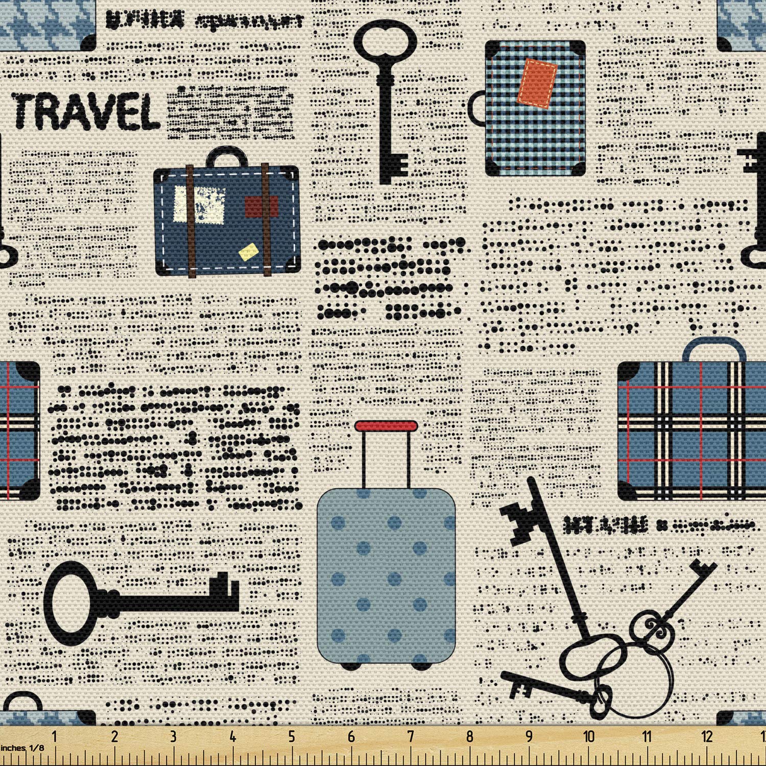 Lunarable Old Newspaper Fabric by The Yard, Retro Styled Travel Vacation Theme Vintage Suitcases Keys Dot Text, Decorative Fabric for Upholstery and Home Accents, 3 Yards, Cream Black