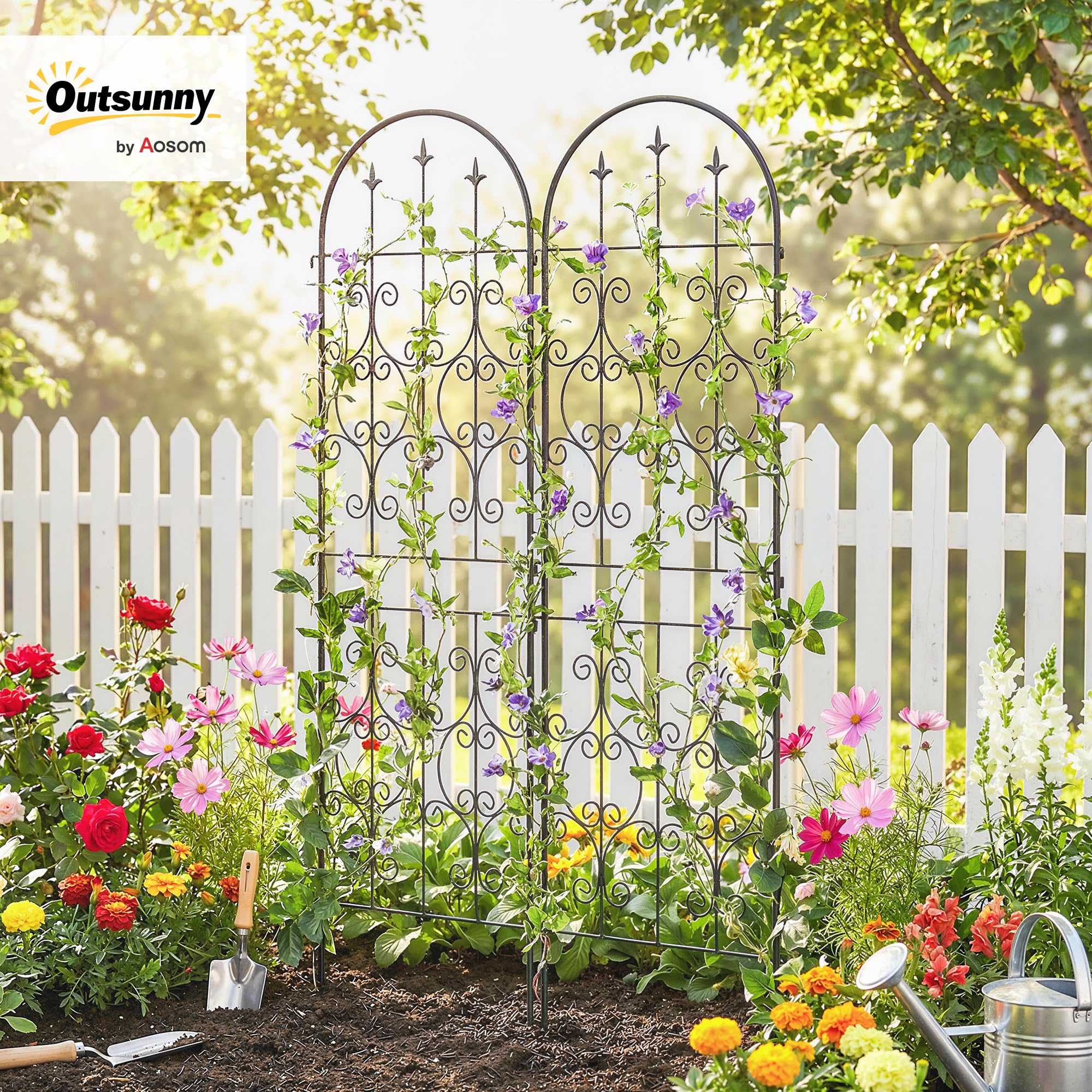 Outsunny Lot de 2 Supports pour Plantes Grimpantes Motif Volute 50x180cm | Treillis de Jardin en Métal, pour Légumes, Vignes, Fleurs, Noir