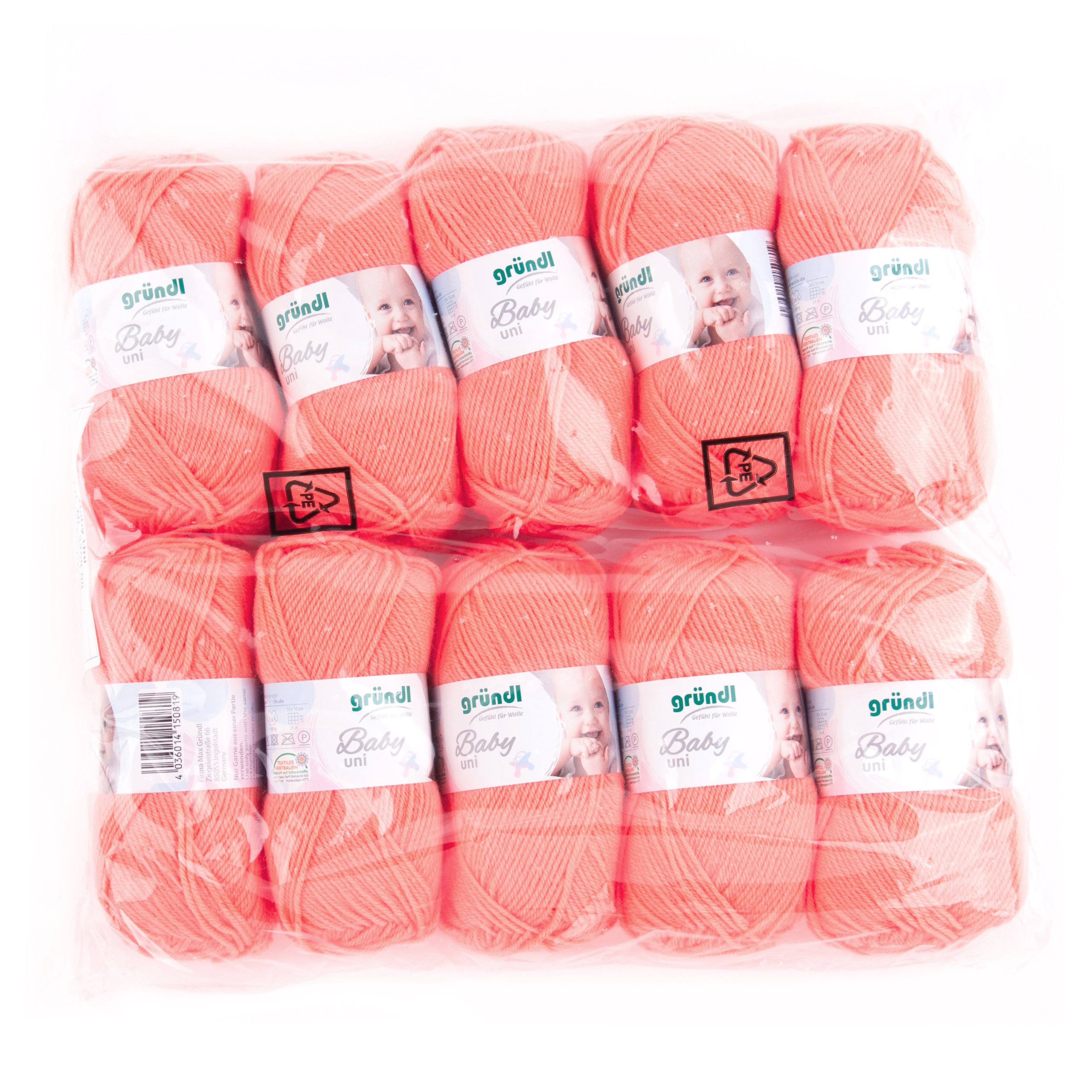 GründlBaby Uni knitting/crochet yarn (hard wearing and easy-care, made of 70% polyacrylic and 30% polyamide, 50 g / 150 m, needle size: 3.5-4.5mm, 10 x 50 g), Apricot