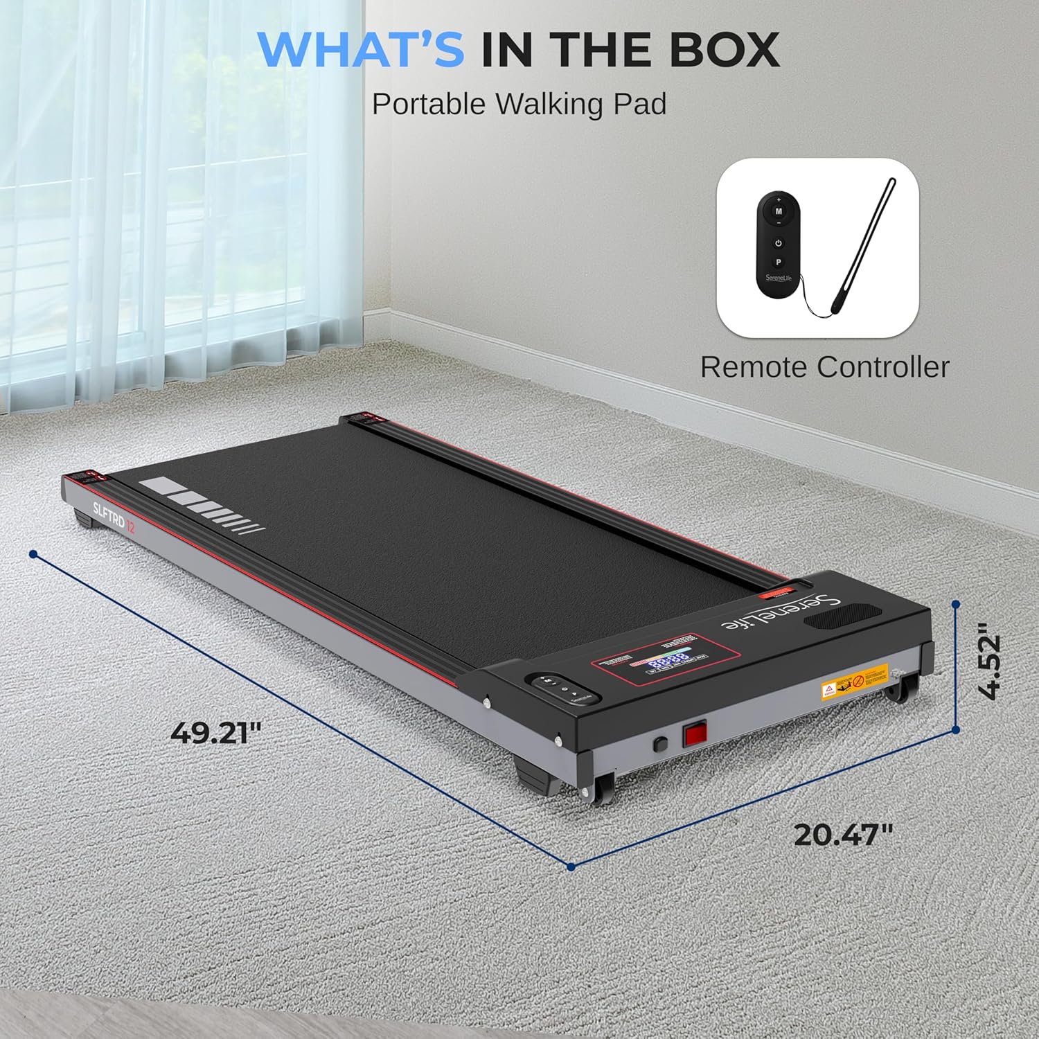 Contents of the SereneLife SLFTRD12 package, including the walking pad and remote control, with dimensions.