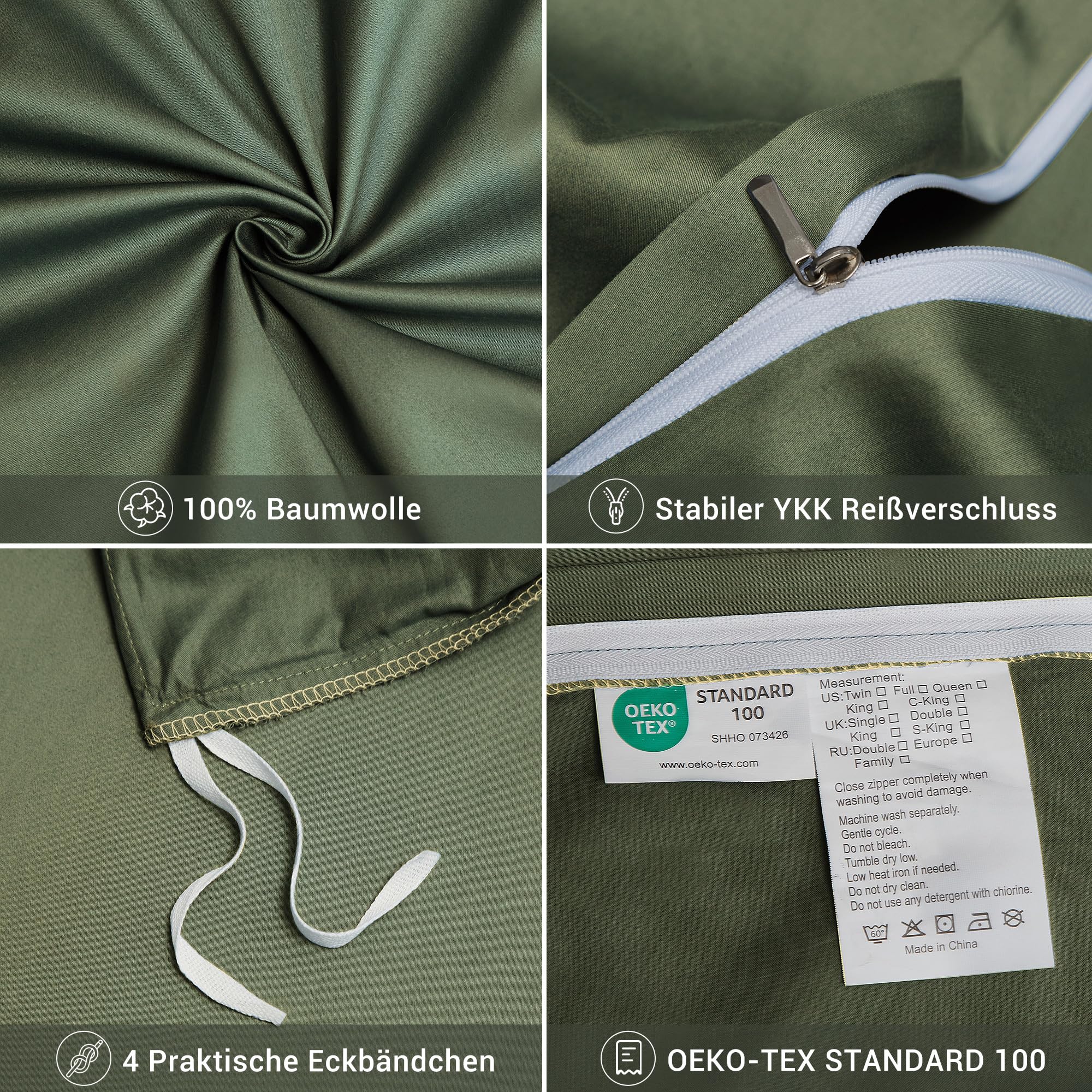 3-częściowy zestaw pościeli z makosatyny, 200 x 220 cm, jednokolorowa, bawełniana, lyocell, jedwab, zielony, ciemnozielony, 300TC, Öko-Tex 100, pościel z zamkiem błyskawicznym i 2 poszewki na