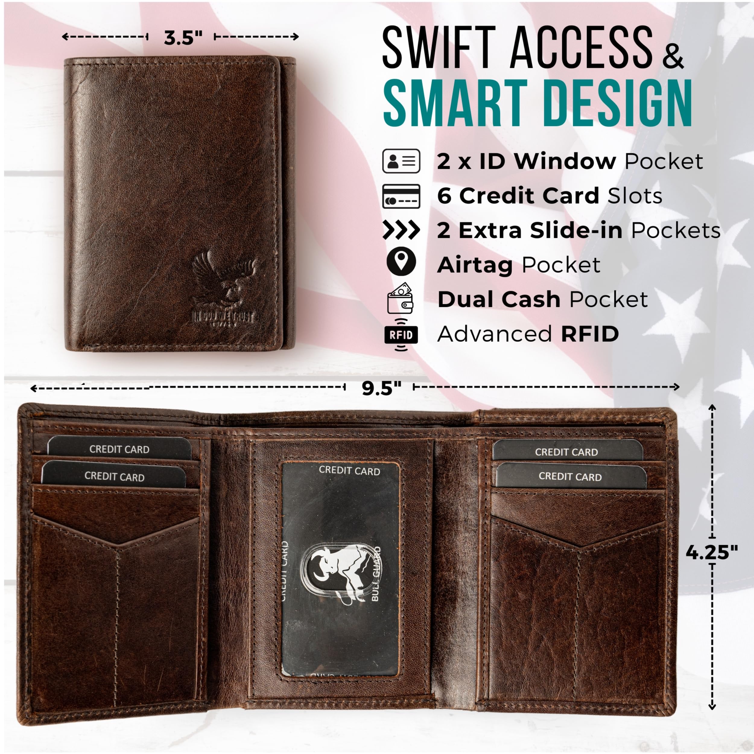 Freedom Leather RFID Trifold Wallet for Men with Smart Pocket for Air Tag or Other Tracking Devices and 2 ID Windows In Durable Top Grain Leather Ideal for Travel