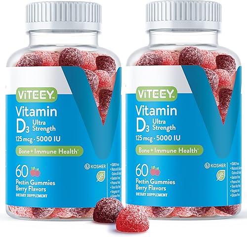 Vitamina D3 Gummies Ultra Strength 125mcg 5000 UI - Salud de los Huesos, Salud Inmune, Apoyo Muscular Articular, Suplemento Dietético, Pectina
