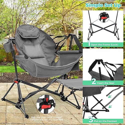 Miniatura 5 de Ainfox Silla hamaca con reposapiés, sillas de campamento plegables portátiles de gran tamaño para adultos al aire libre, campamento oscilante con