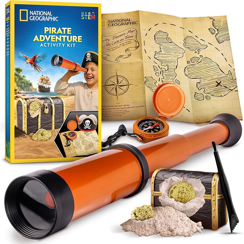 National Geographic Pirate Telescope Adventure Activity Kit for Kids | Treasure Hunt Map, Pirate Hat and Map, Spyglass, Compass, Replica Doubloon and Pyrite, Imaginative Play, Birthday Gift