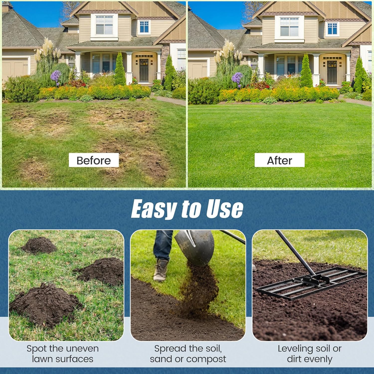 COSTWAY 30x10 Inch Lawn Leveling Rake, Soil Sand Dirt Leveling Tool, Ground Leveler for Yard, Landscape, Garden, Pasture (Black, 30"x10")